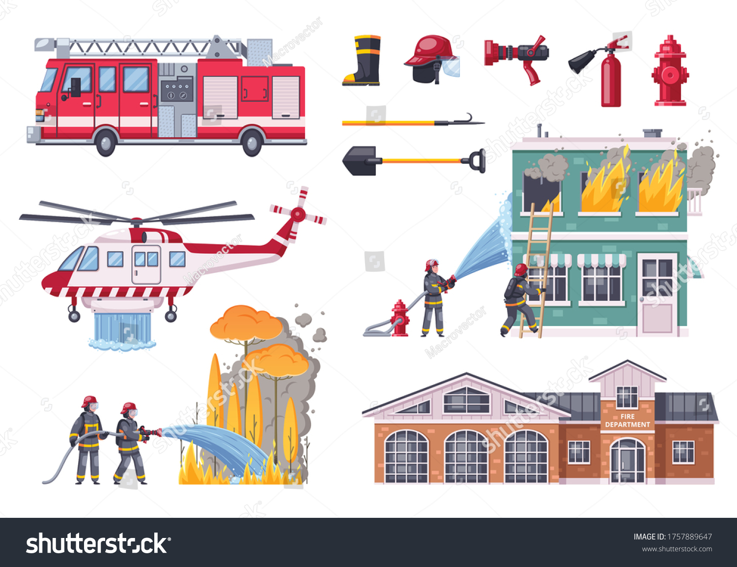 Firefighters Cartoon Icons Collection Isolated Compositions Stock ...