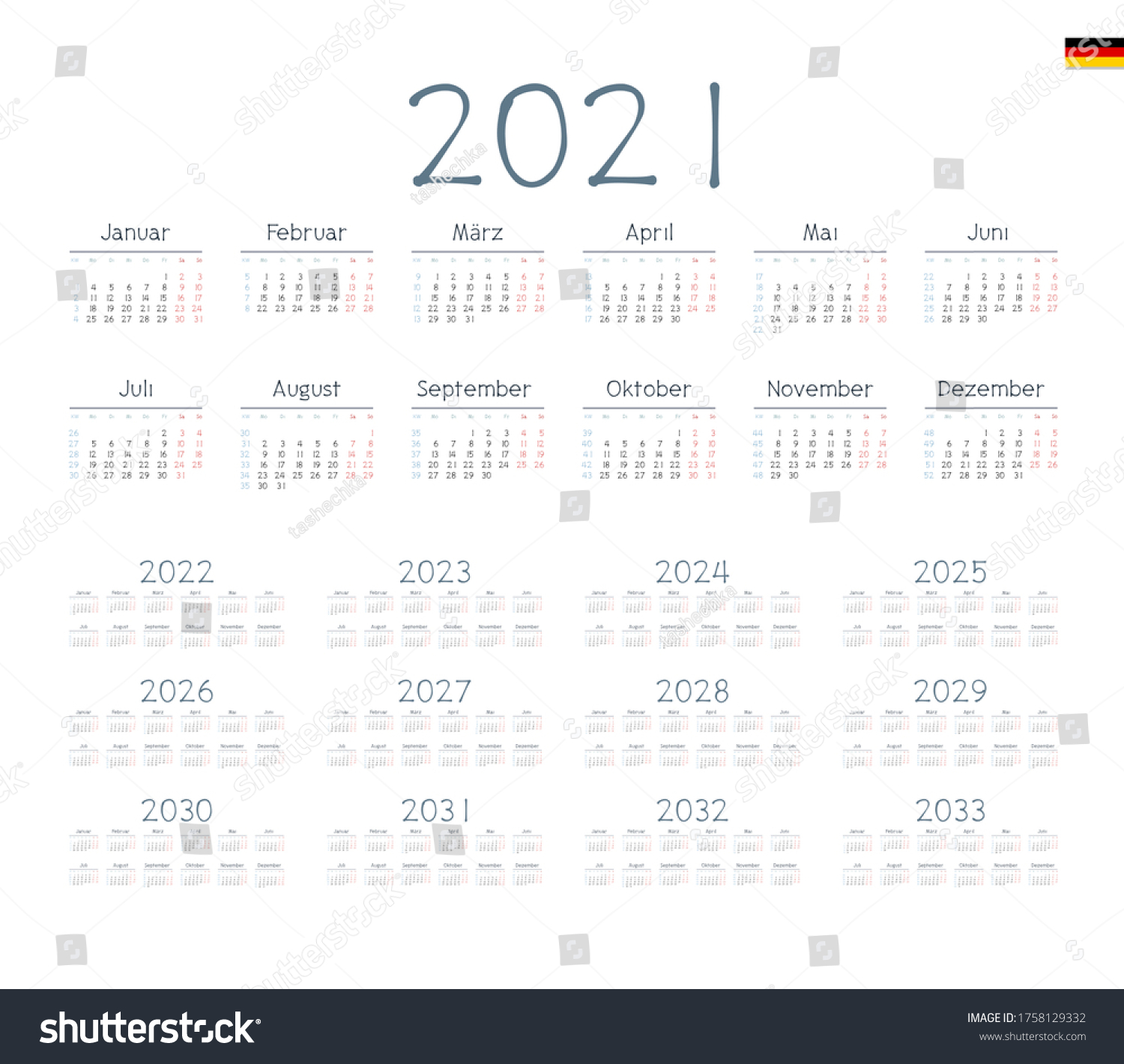 German Calendar 20212033 Week Starts On Stock Vector (Royalty Free ...