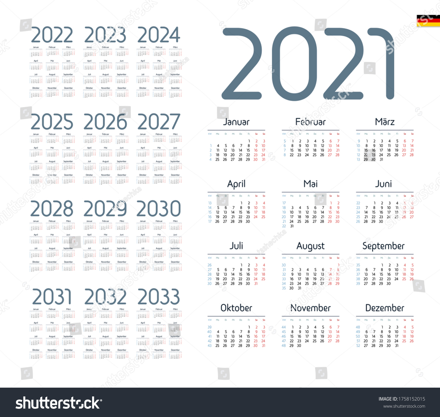 German Calendar 20212033 Week Starts On Stock Vector (Royalty Free ...