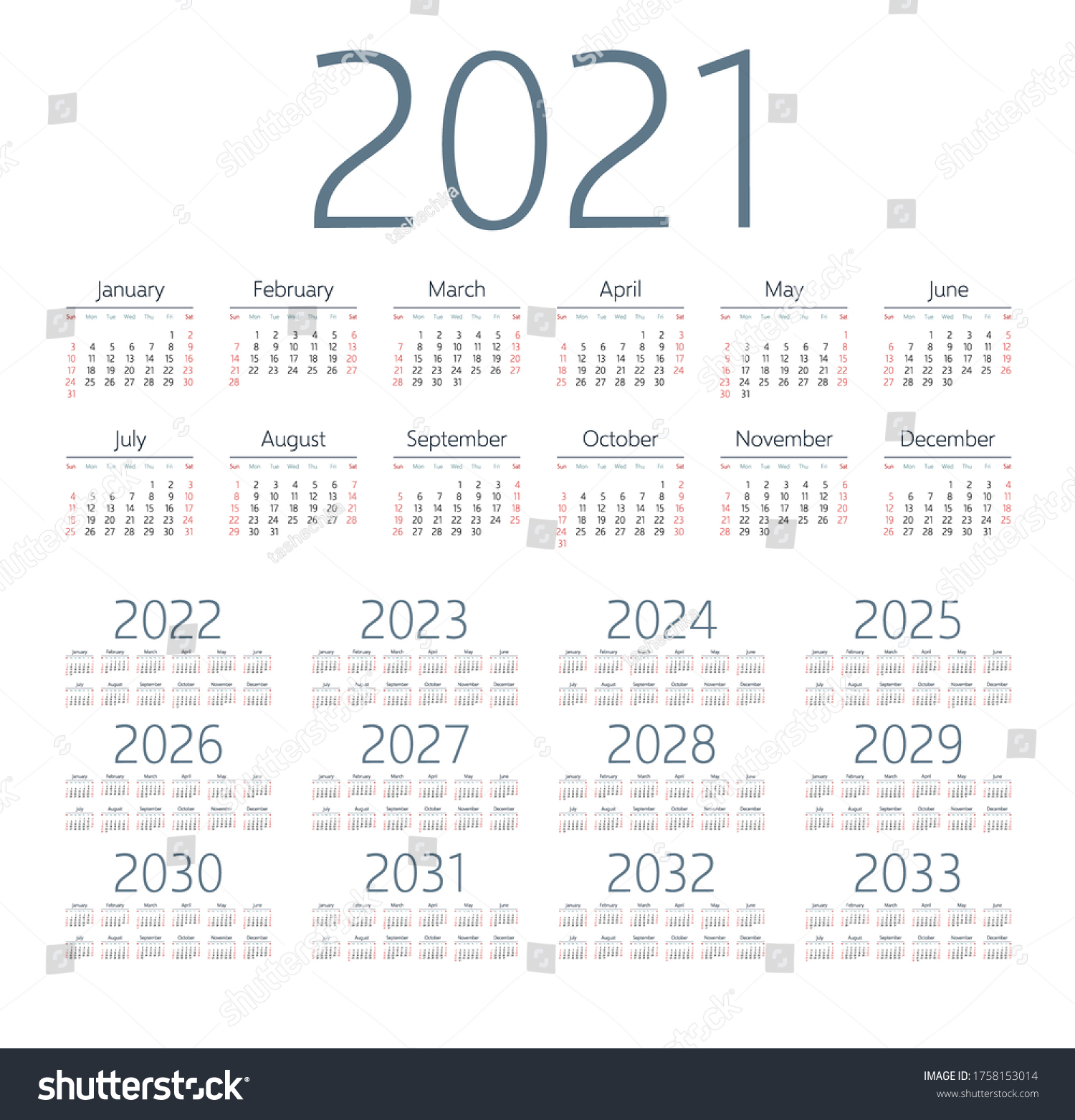 English Calendar Years 20212033 Week Starts Stock Vector (Royalty Free ...