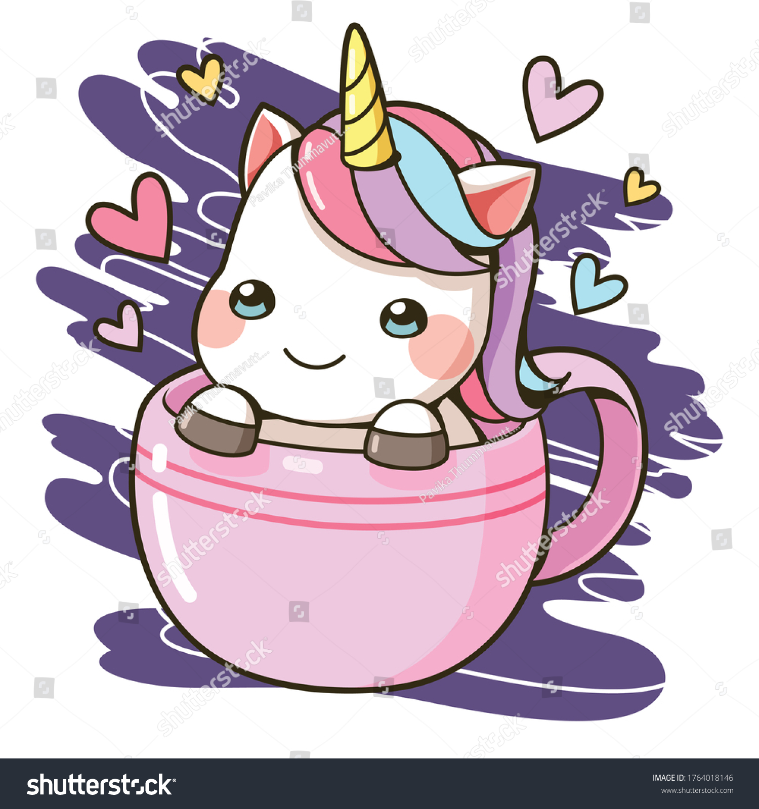 Little Unicorn Cup Coffee Colorful Heart Stock Vector Royalty Free
