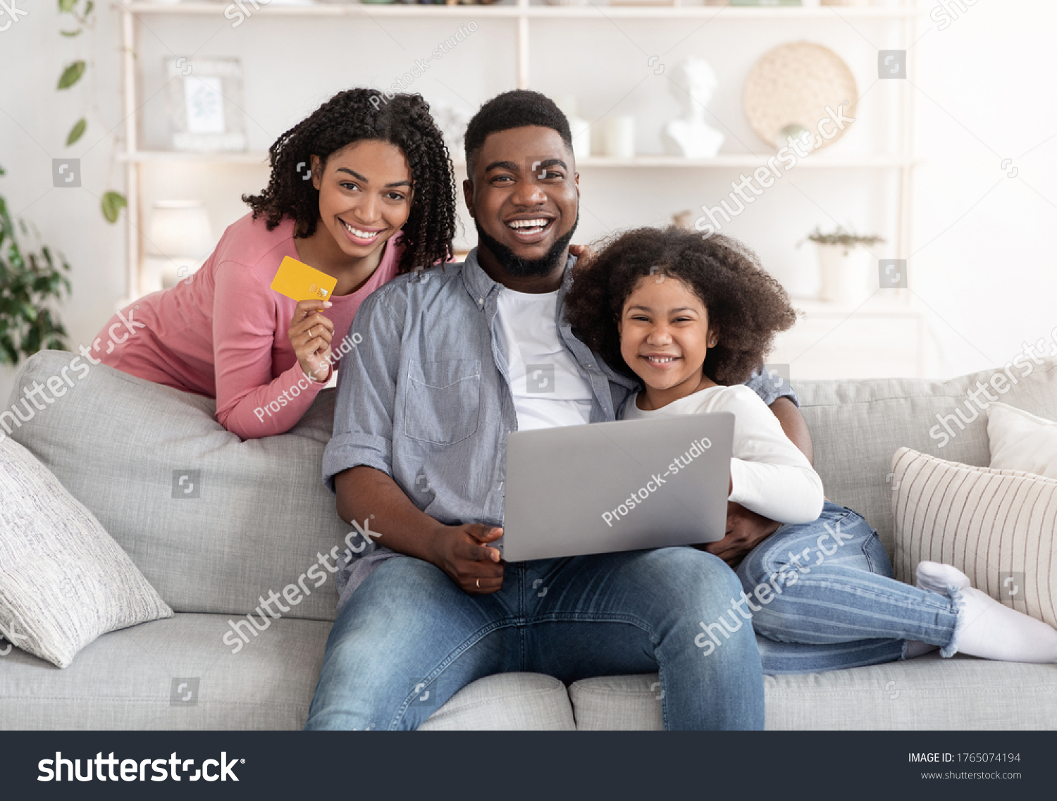 Online Shopping Happy Black Family Posing Stock Photo 1765074194 ...