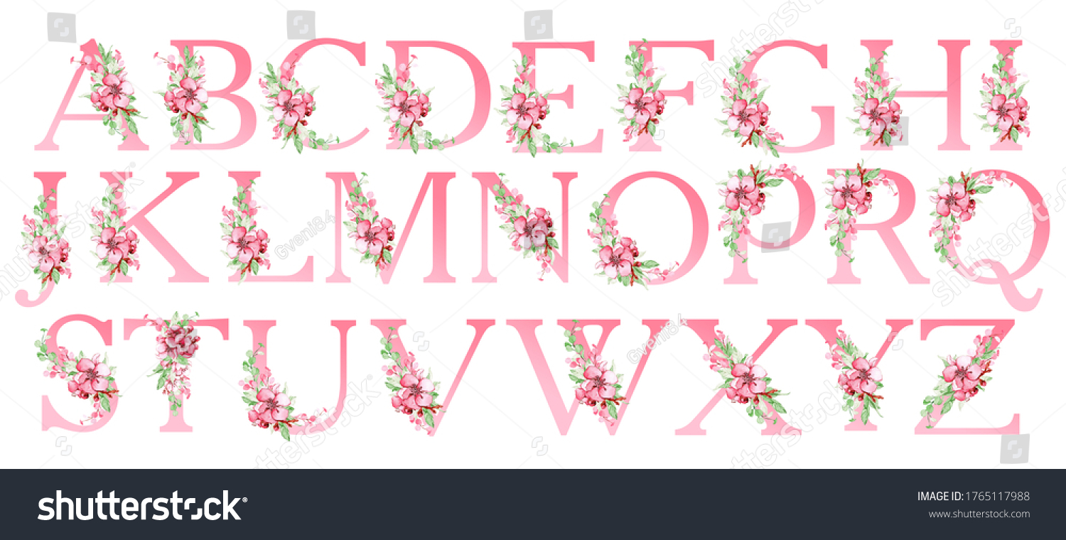 Alphabet Spring Flowers Leaves Pink Letters Stock Illustration ...