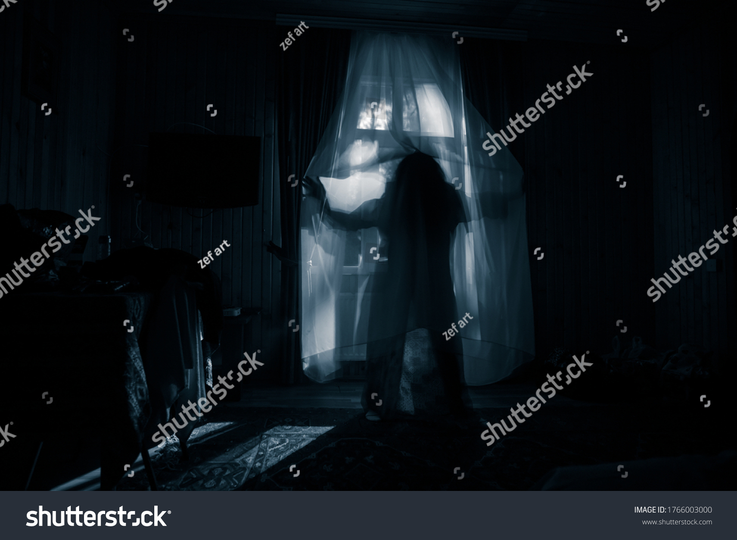 Horror Silhouette Window Curtain Inside Bedroom Stock Photo 1766003000 ...