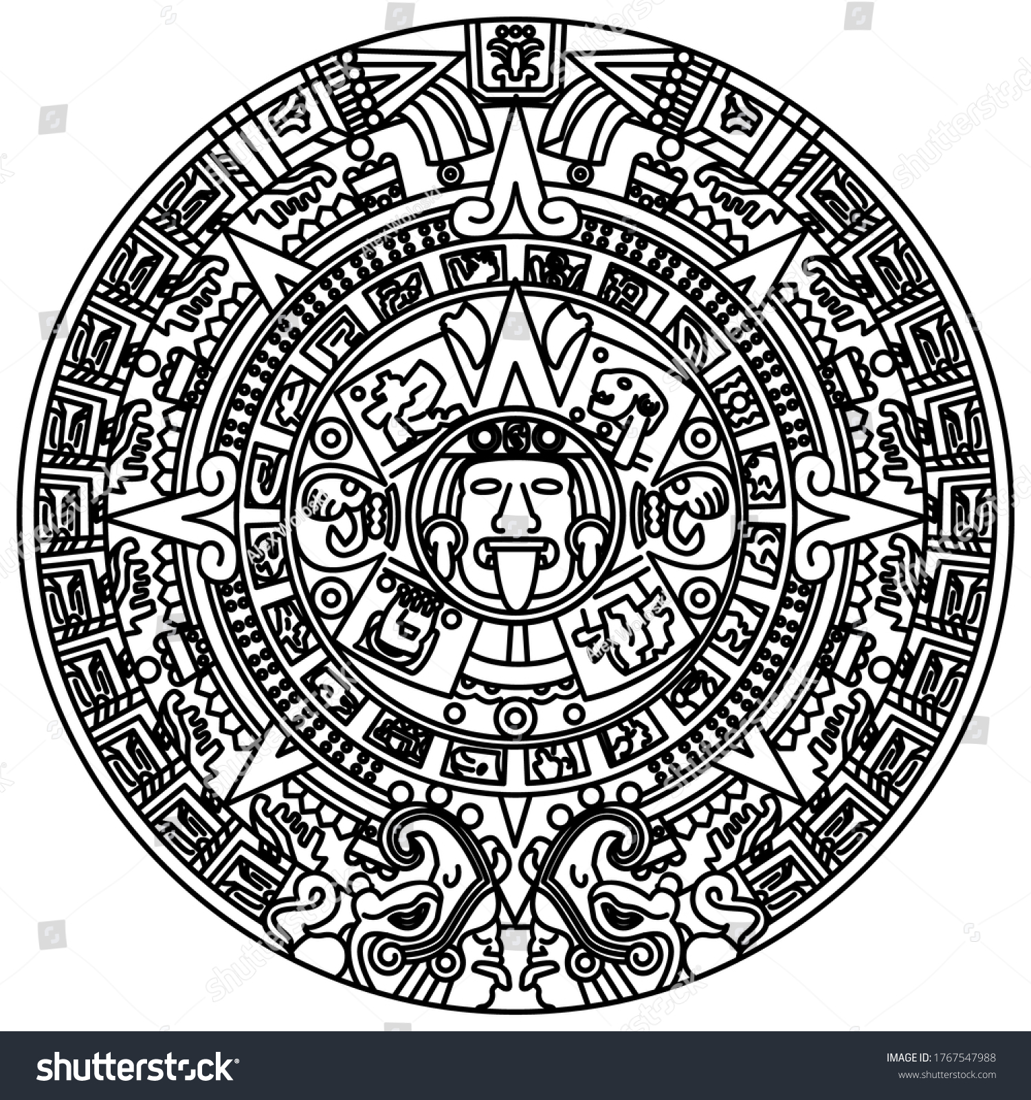 Aztec Sun Stone Black White Line Stock Vector (Royalty Free) 1767547988 ...