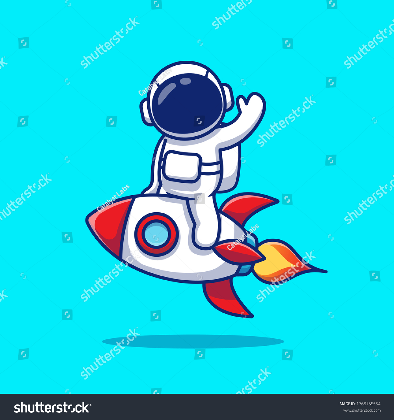 Cute Astronaut Riding Rocket Waving Hand: стоковая векторная графика (без л...