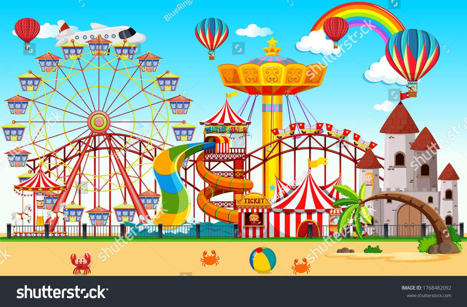 Amusement Park Scene Daytime Rainbow Sky Stock Vector (Royalty Free ...