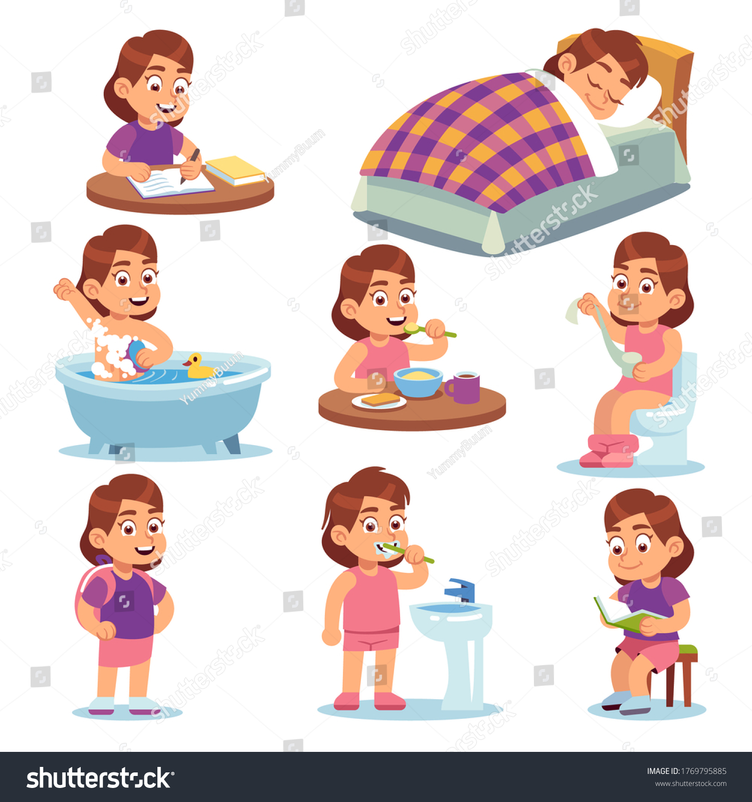 Girl Daily Activities Children Life Morning Stock Illustration ...