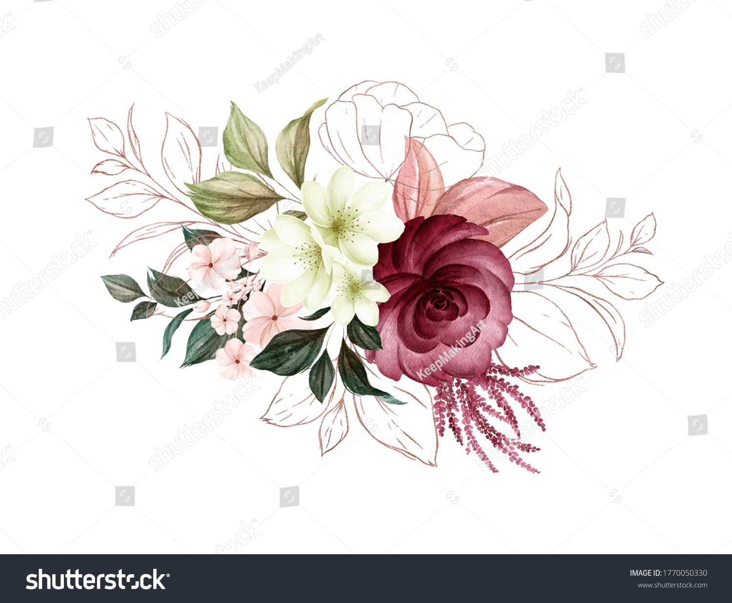 Watercolor Arrangement Soft Brown Burgundy Roses Stock Illustration ...