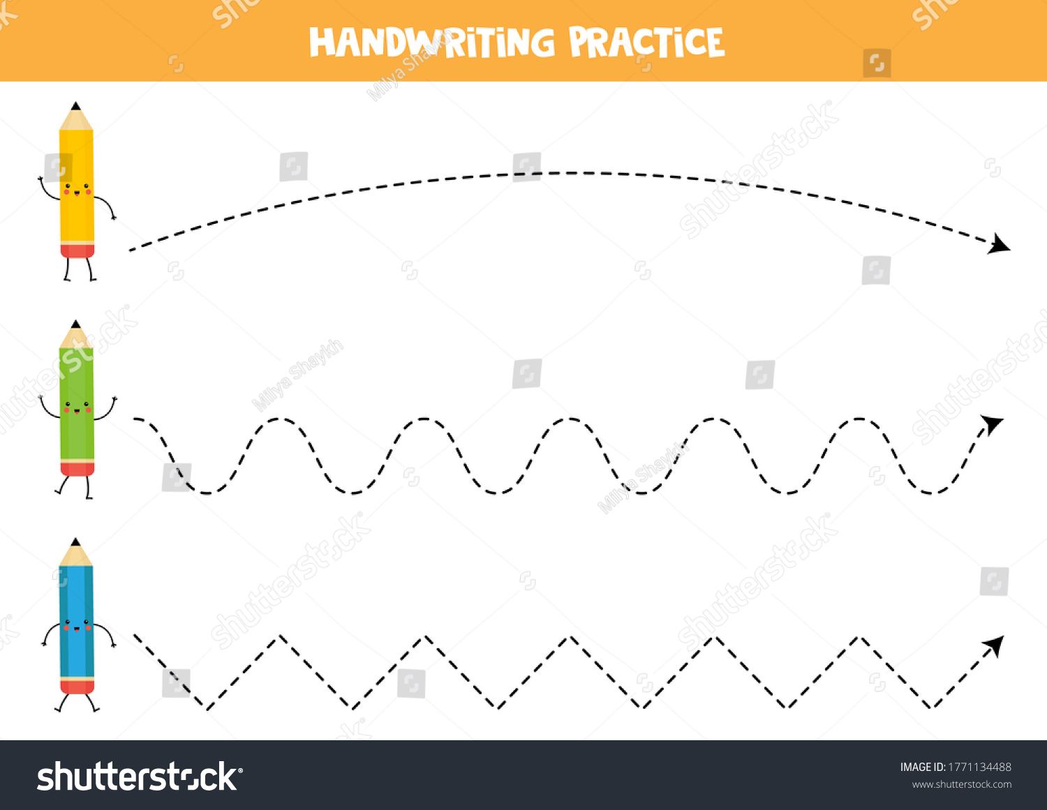 Handwriting Practice Cute Kawaii Pencils Tracing Stock Vector (Royalty ...