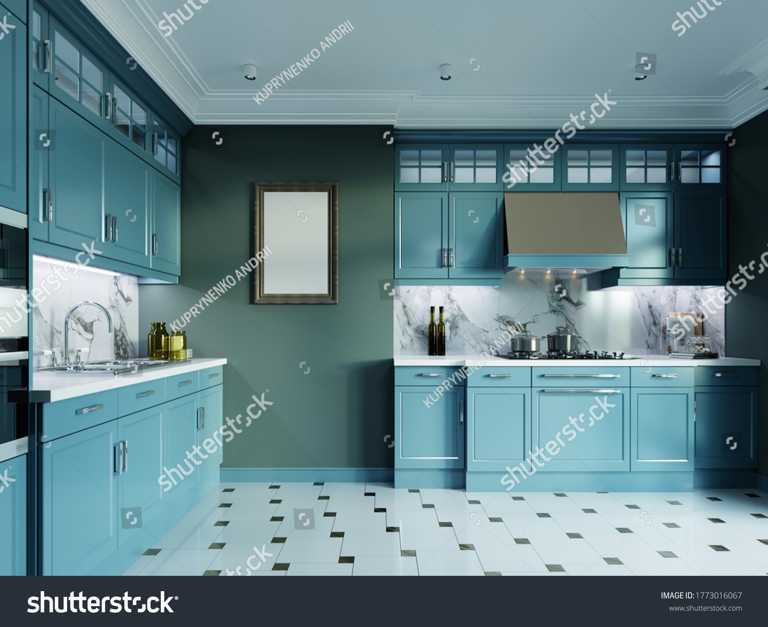 Modern Kitchen Furniture Dark Turquoise Color стоковая ...