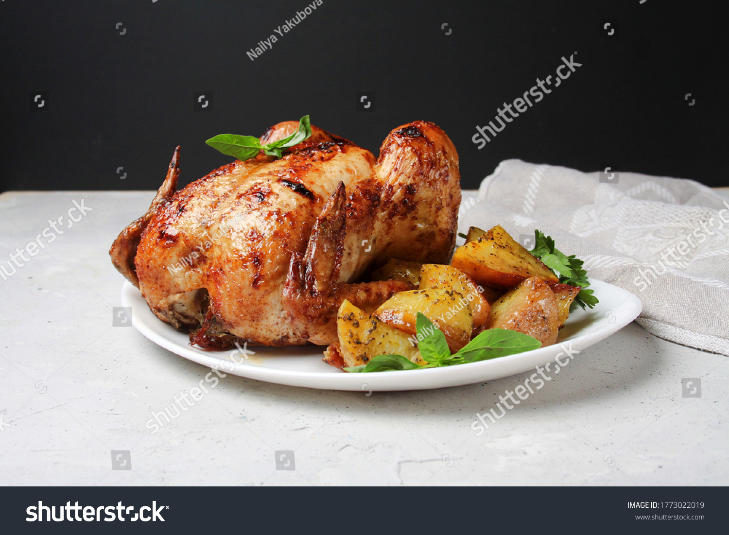 Roasted Chicken Fried Potato On Plate Stock Photo 1773022019 | Shutterstock