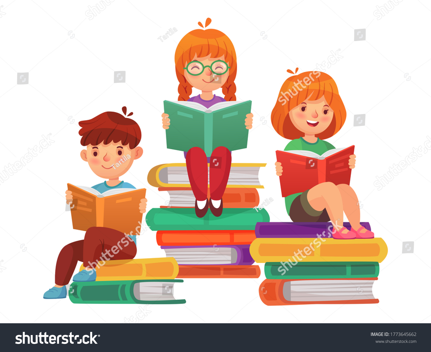 Kids Sitting On Stacks Books Reading Stock Vector (Royalty Free ...