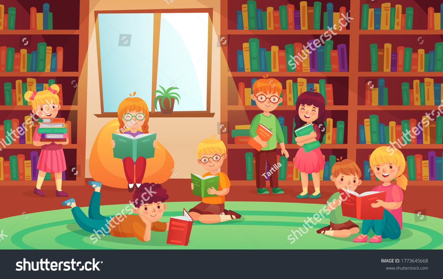 Kids Library Reading Books Girls Boys Stock Vector (Royalty Free ...