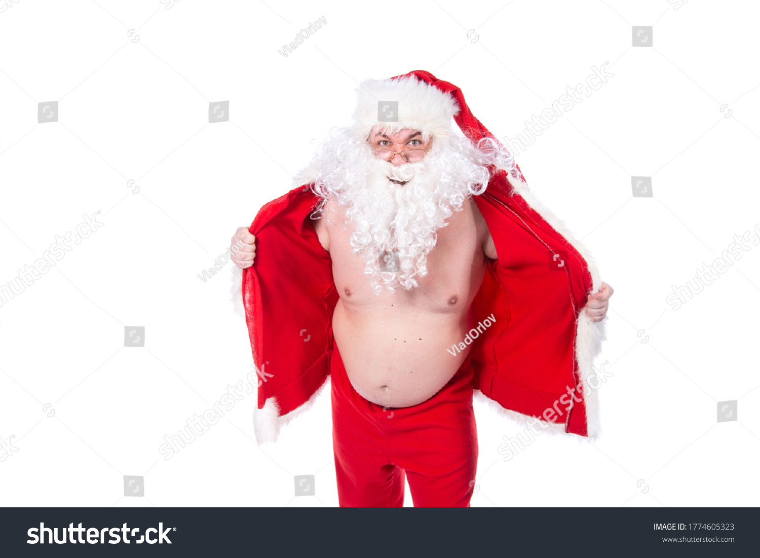 Naked lustiger Weihnachtsmann. Weißer Hintergrund. Stockfoto 1774605323