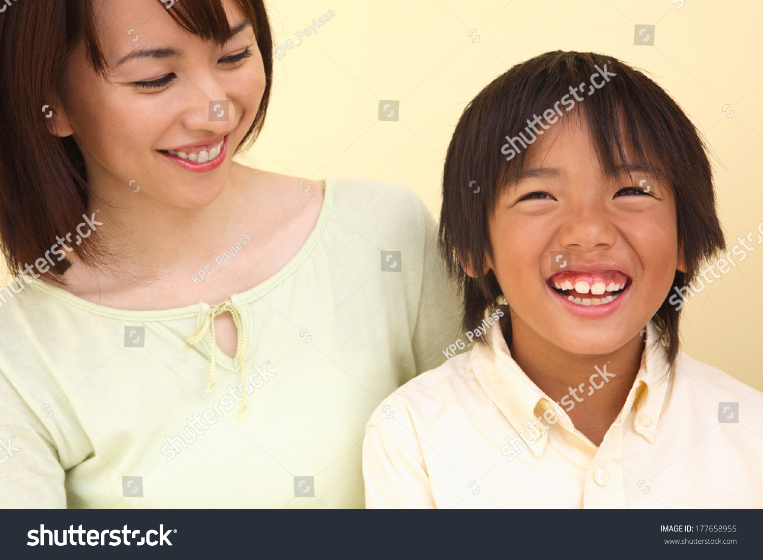 Japanese Mother Son Smiling Stock Photo