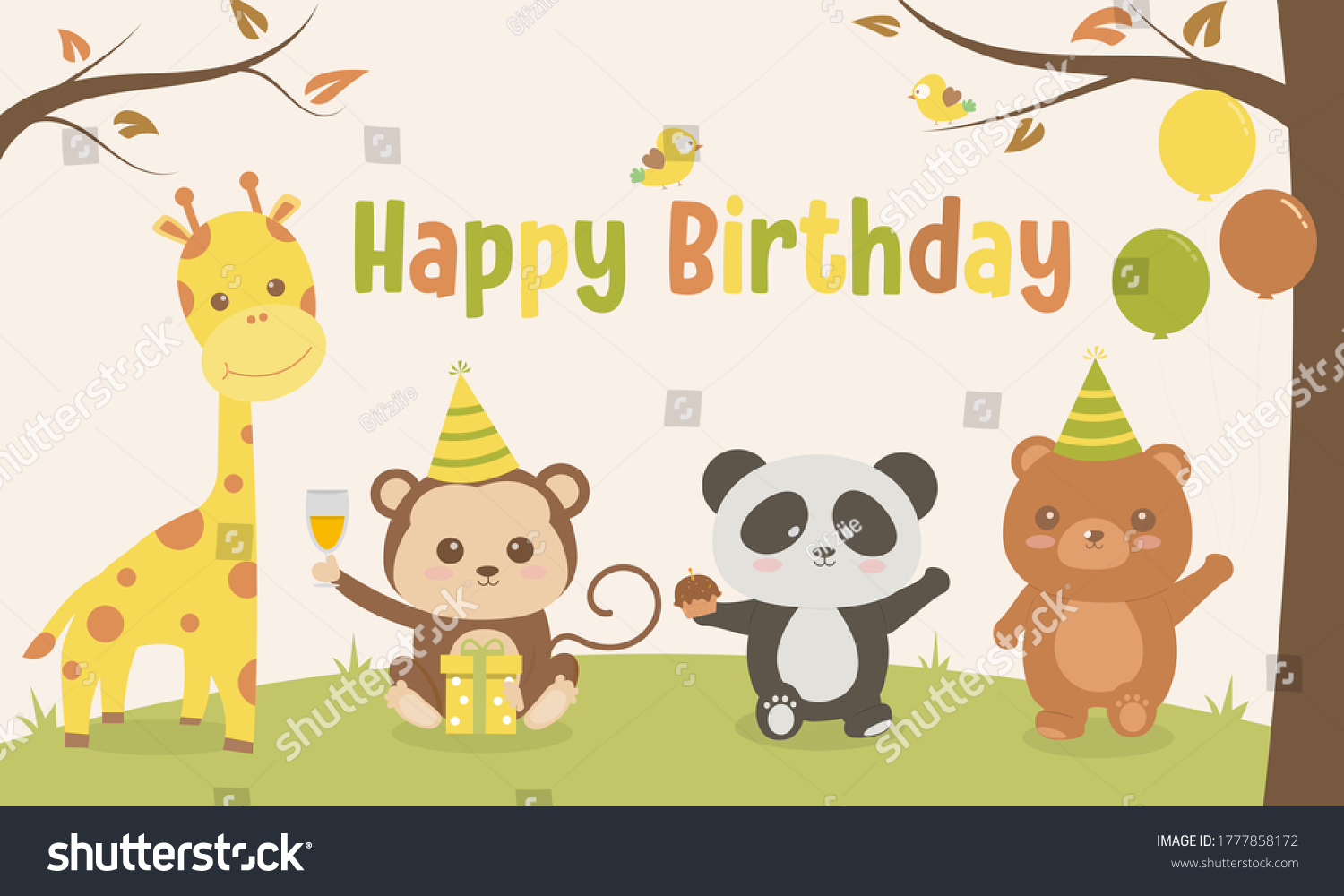 Cute Animals Cartoon Illustration Happy Birthday Stock Vector (Royalty ...