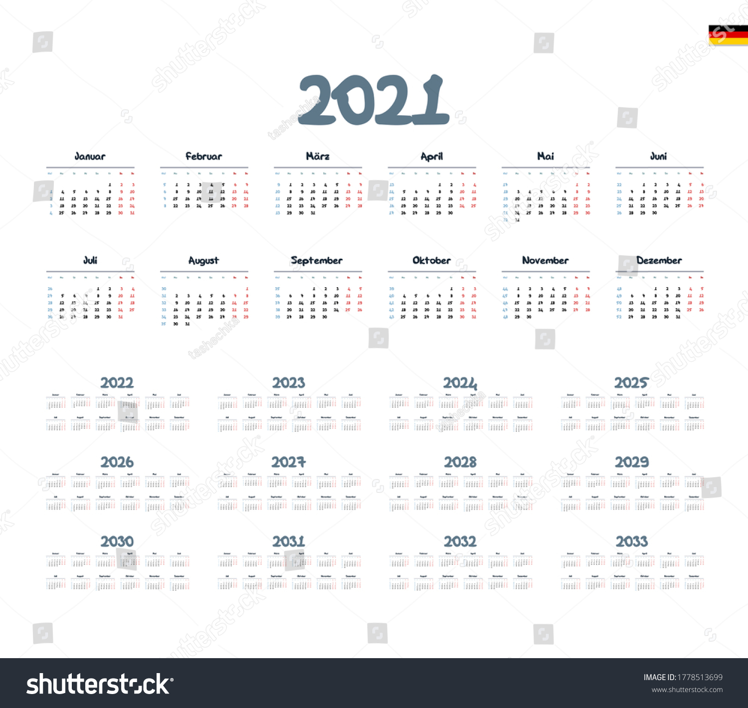 German Calendar 20212033 Week Starts On Stock Vector (Royalty Free ...