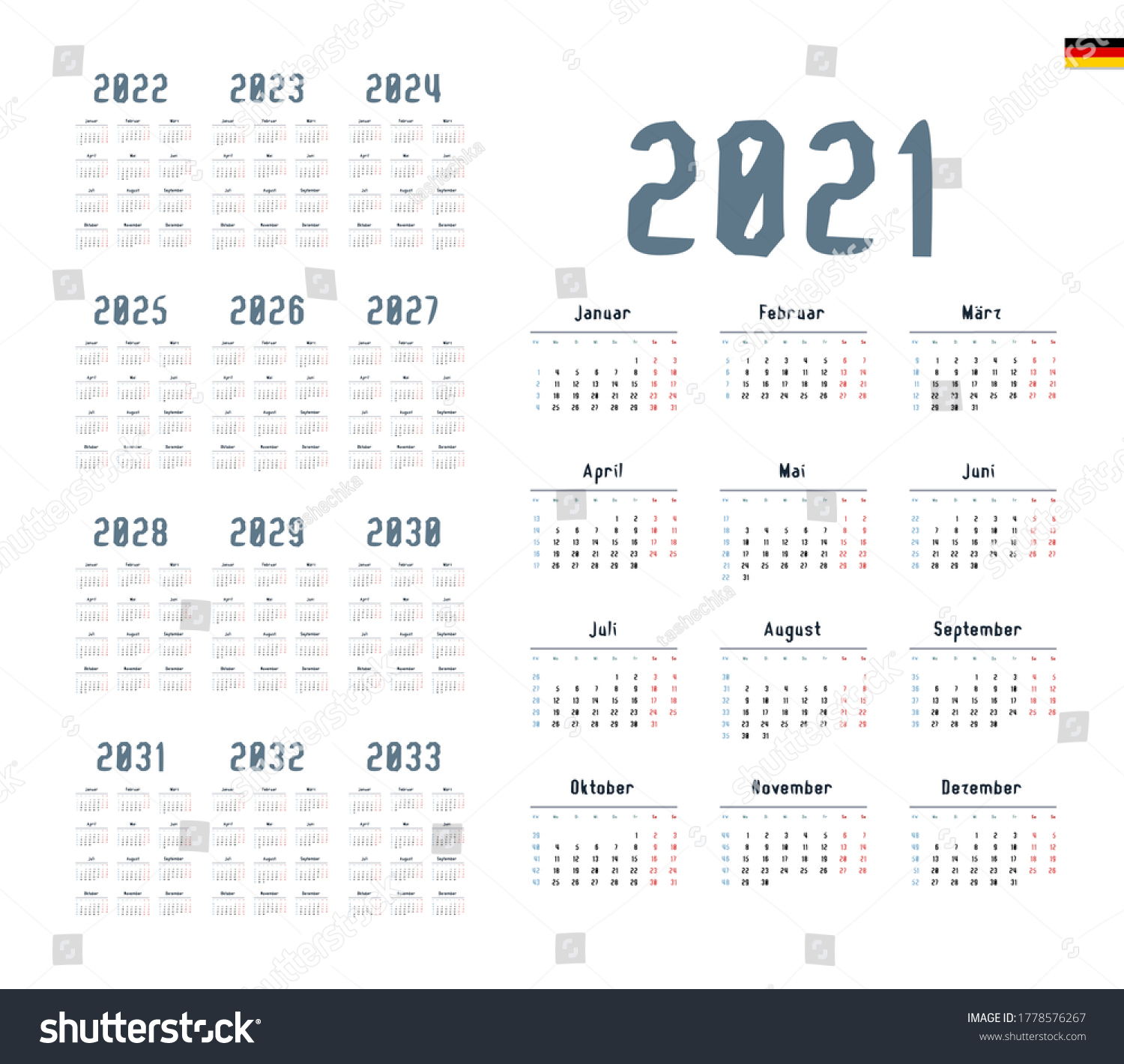 German Calendar 20212033 Week Starts On Stock Vector (Royalty Free ...