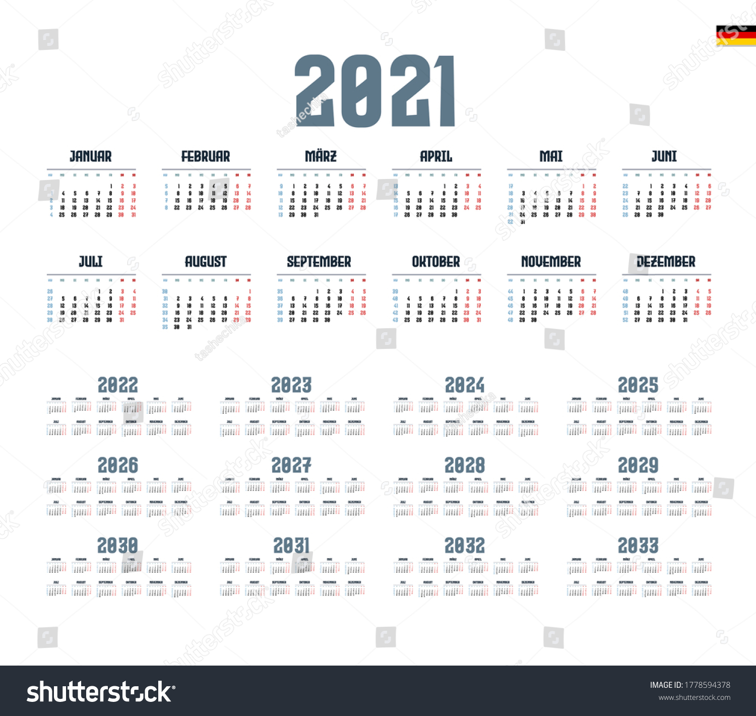 German Calendar 20212033 Week Starts On Stock Vector (Royalty Free ...