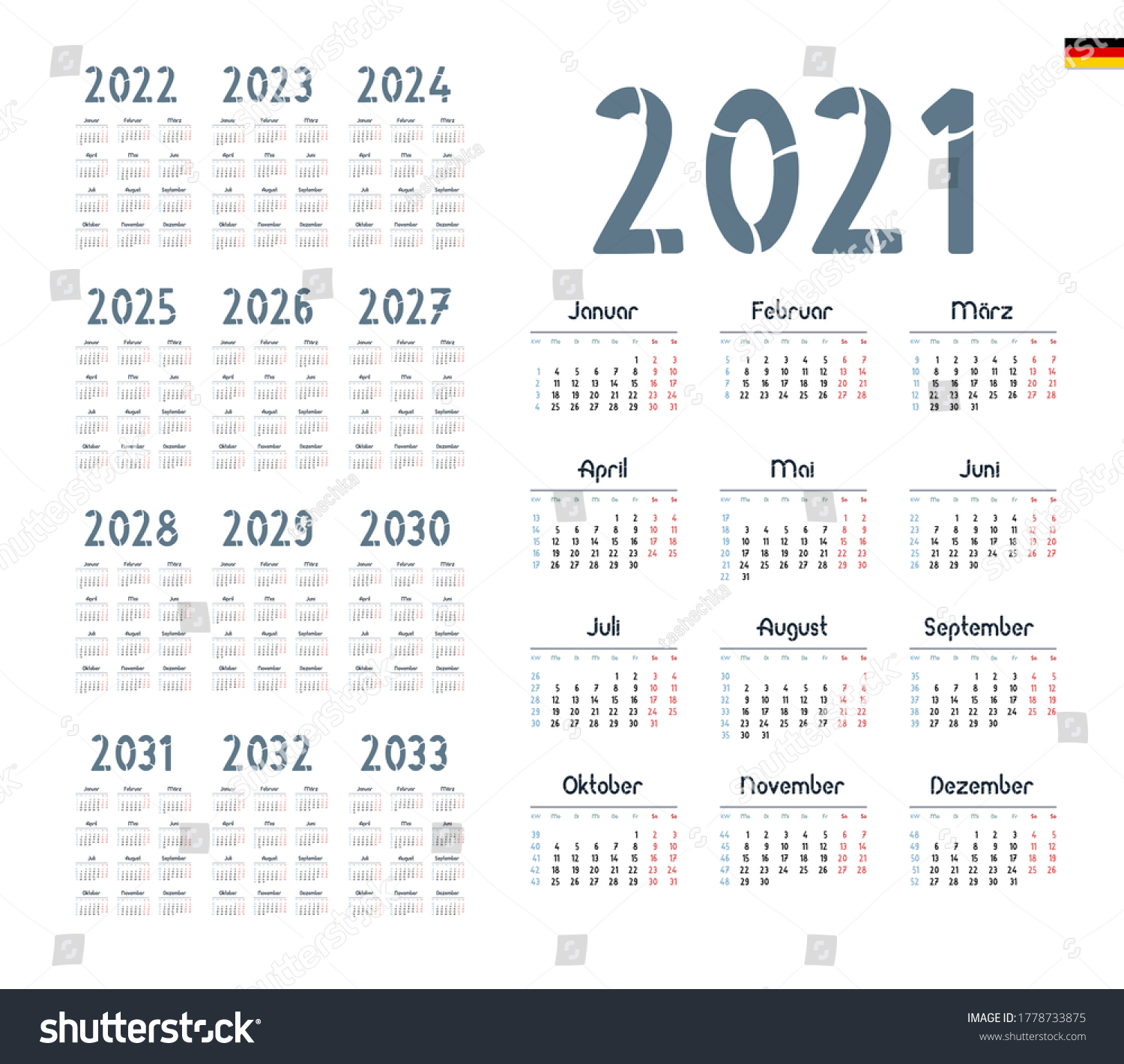 German Calendar 20212033 Week Starts On Stock Vector (Royalty Free ...