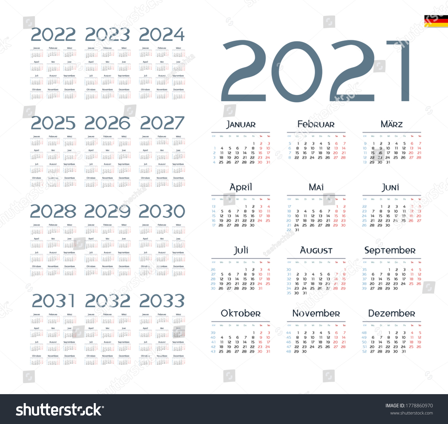 German Calendar 20212033 Week Starts On Stock Vector (royalty Free 