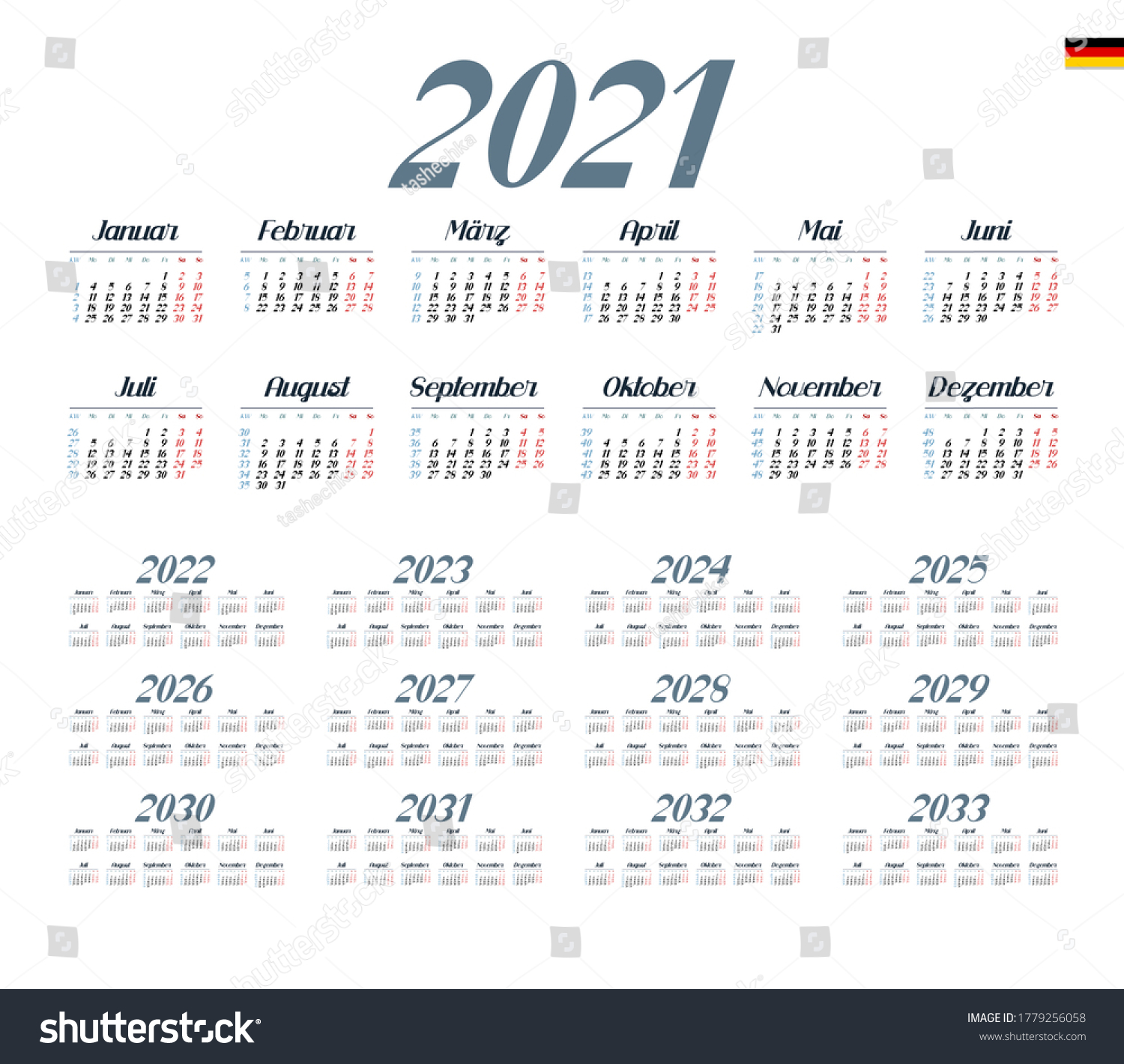 German Calendar 20212033 Week Starts On Stock Vector (Royalty Free ...