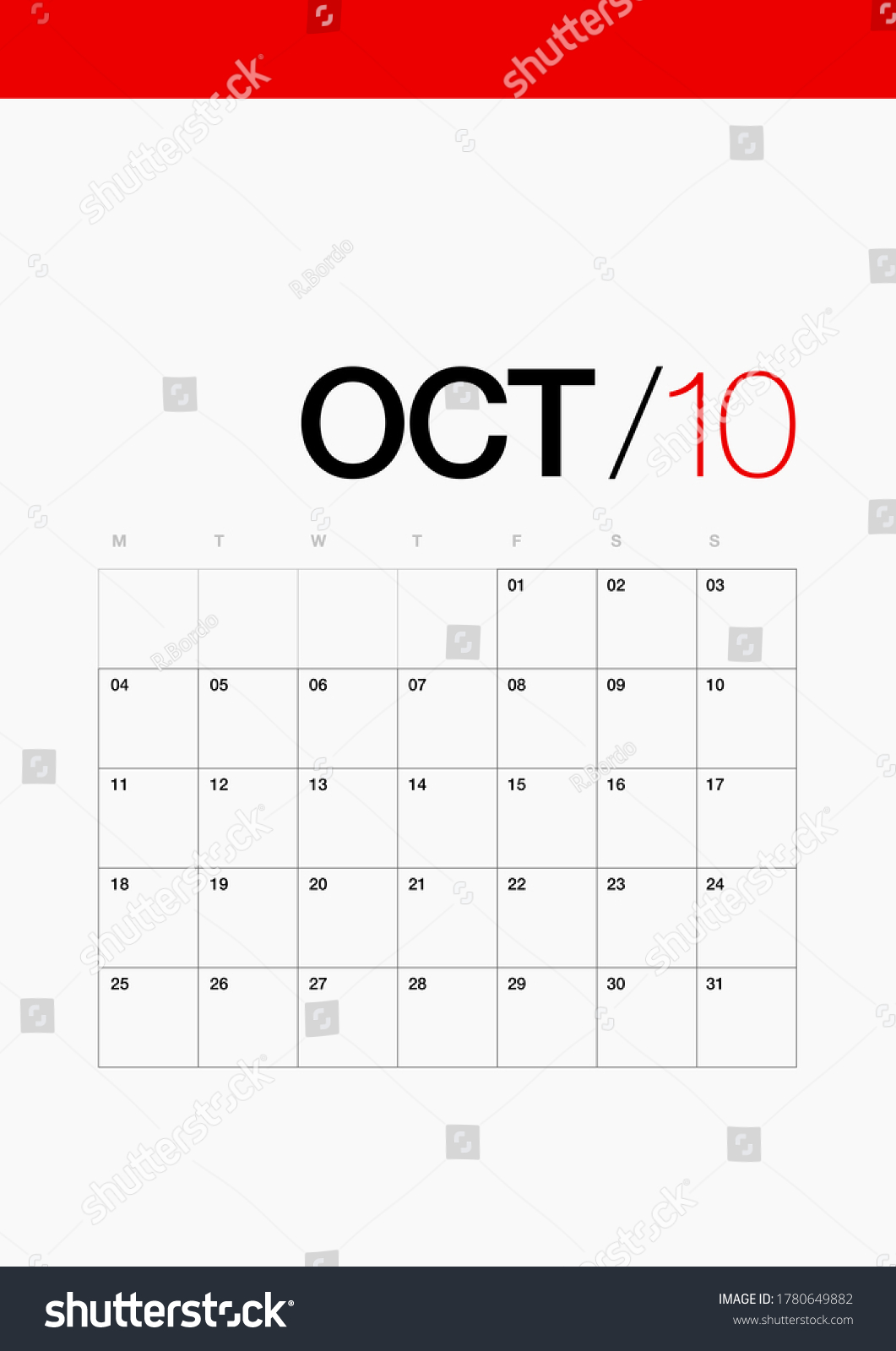 10 October Calendar 2021 Year Diary Stock Vector (Royalty Free ...