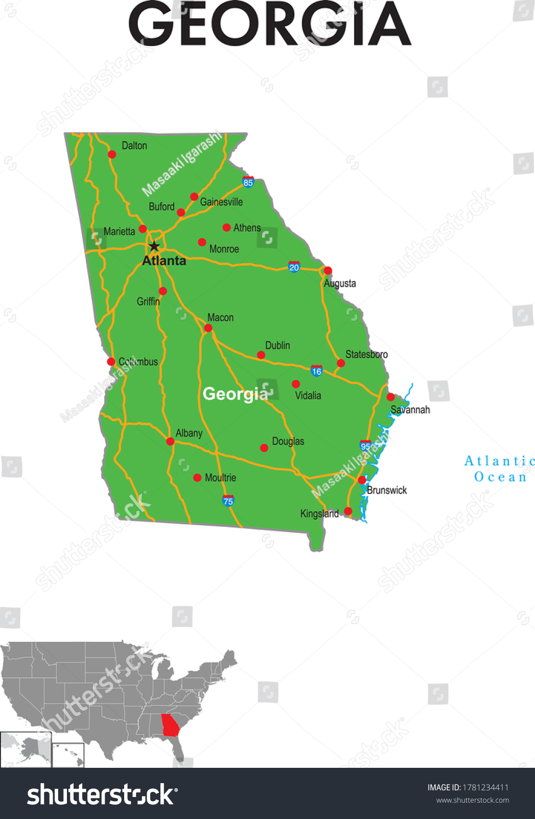 Map Georgia Map Depicts State Capitals Stock Vector (Royalty Free ...