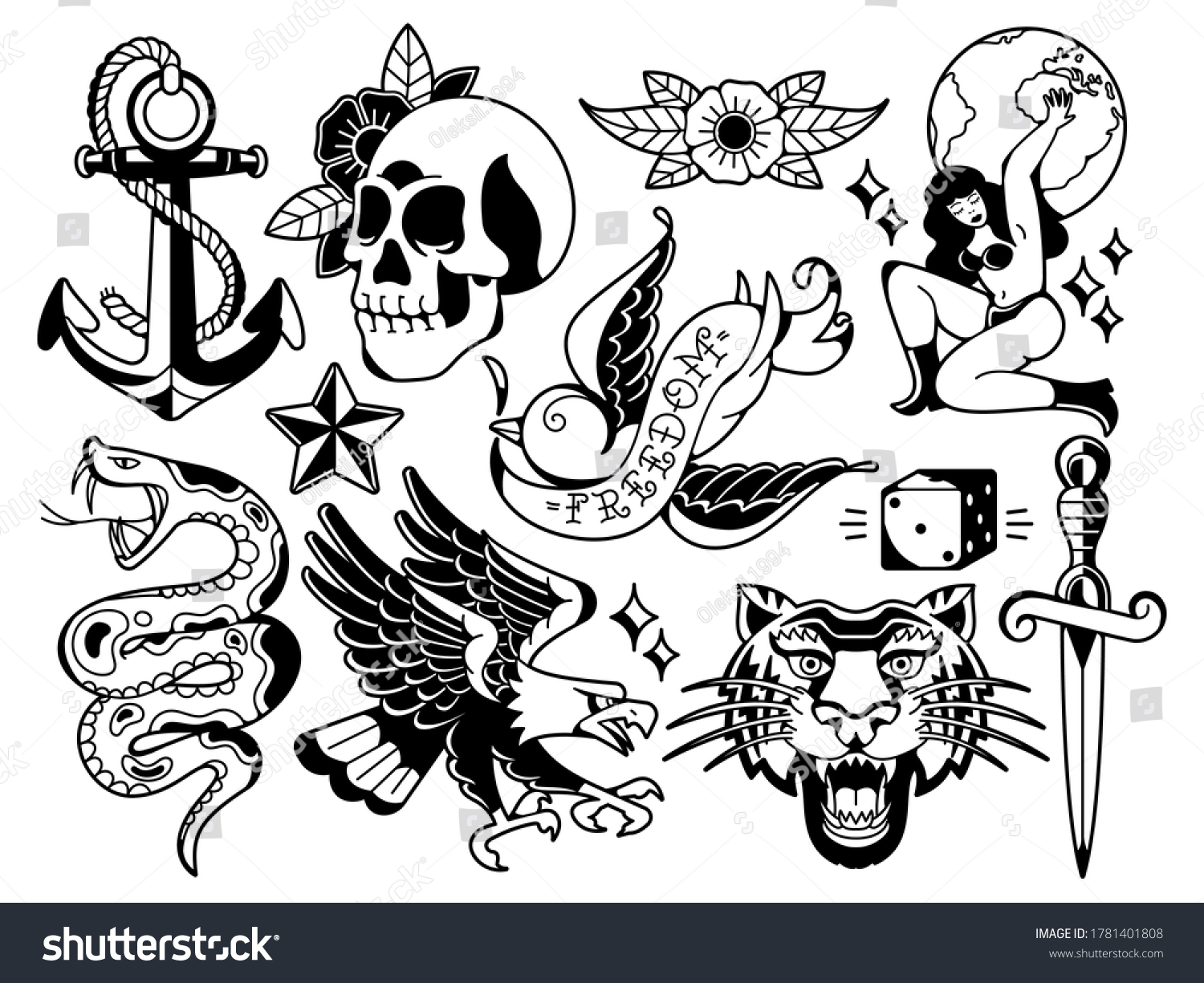 Set Old School Traditional Tattoo Elements Stock Vector (Royalty Free ...