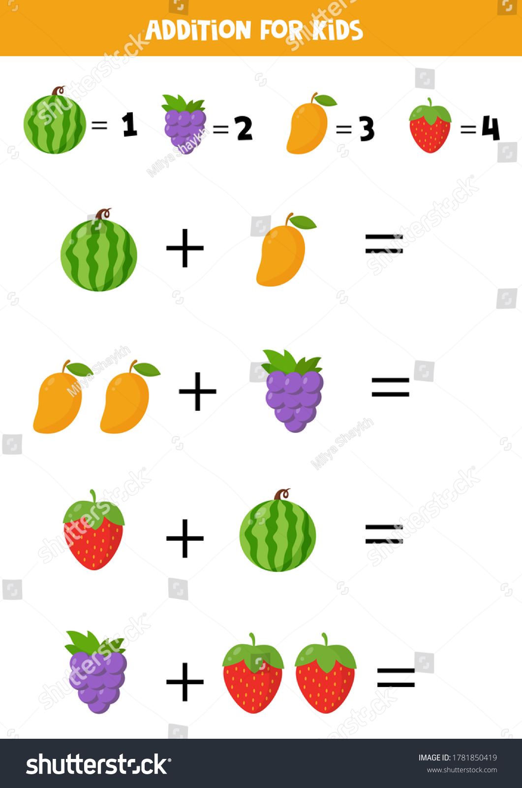 Addition Different Cartoon Fruits Educational Math Stock Vector ...