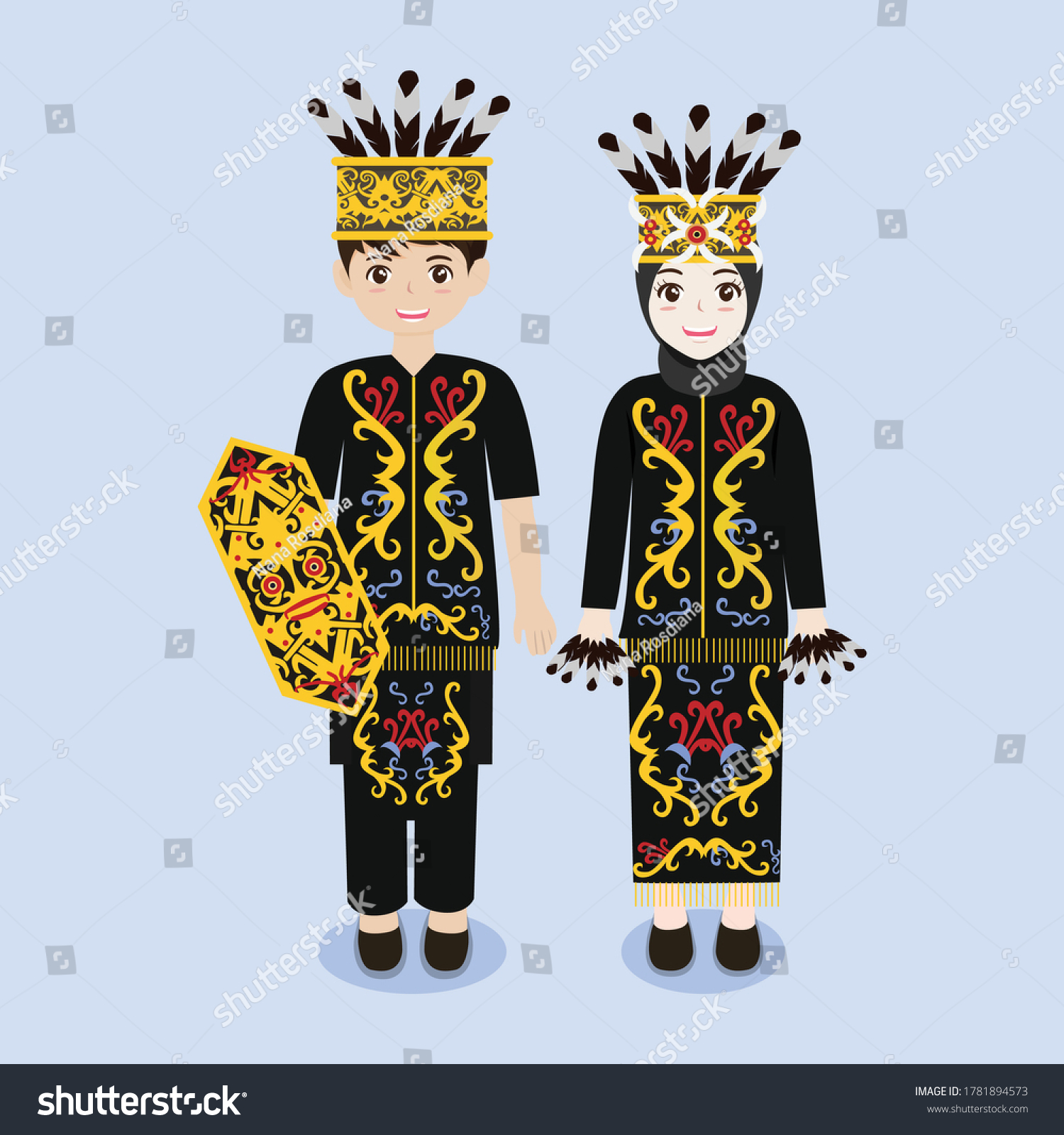 Indonesian Couple Wearing Dayak Traditional Dress Stock Vector (Royalty ...