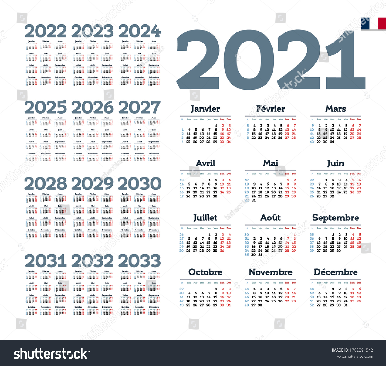 French Calendar 20212033 Week Starts On Stock Vector (Royalty Free ...