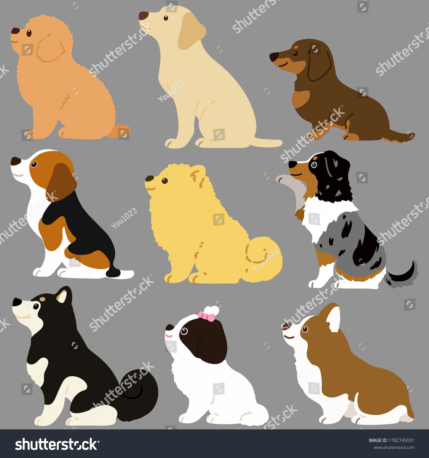 横向きのイラストに丸い犬のセット のベクター画像素材 ロイヤリティフリー Shutterstock