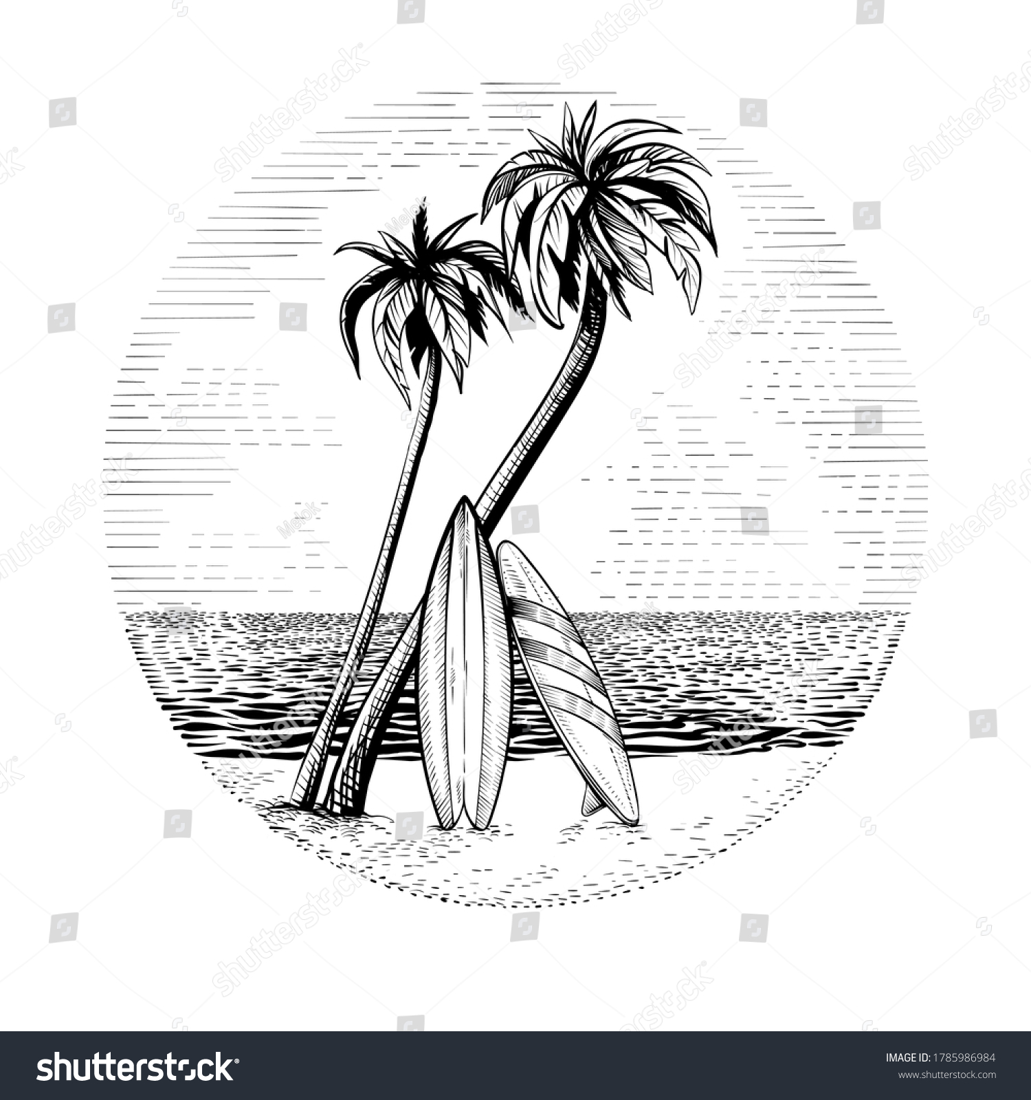Сёрф и пальмы векторный рисунок