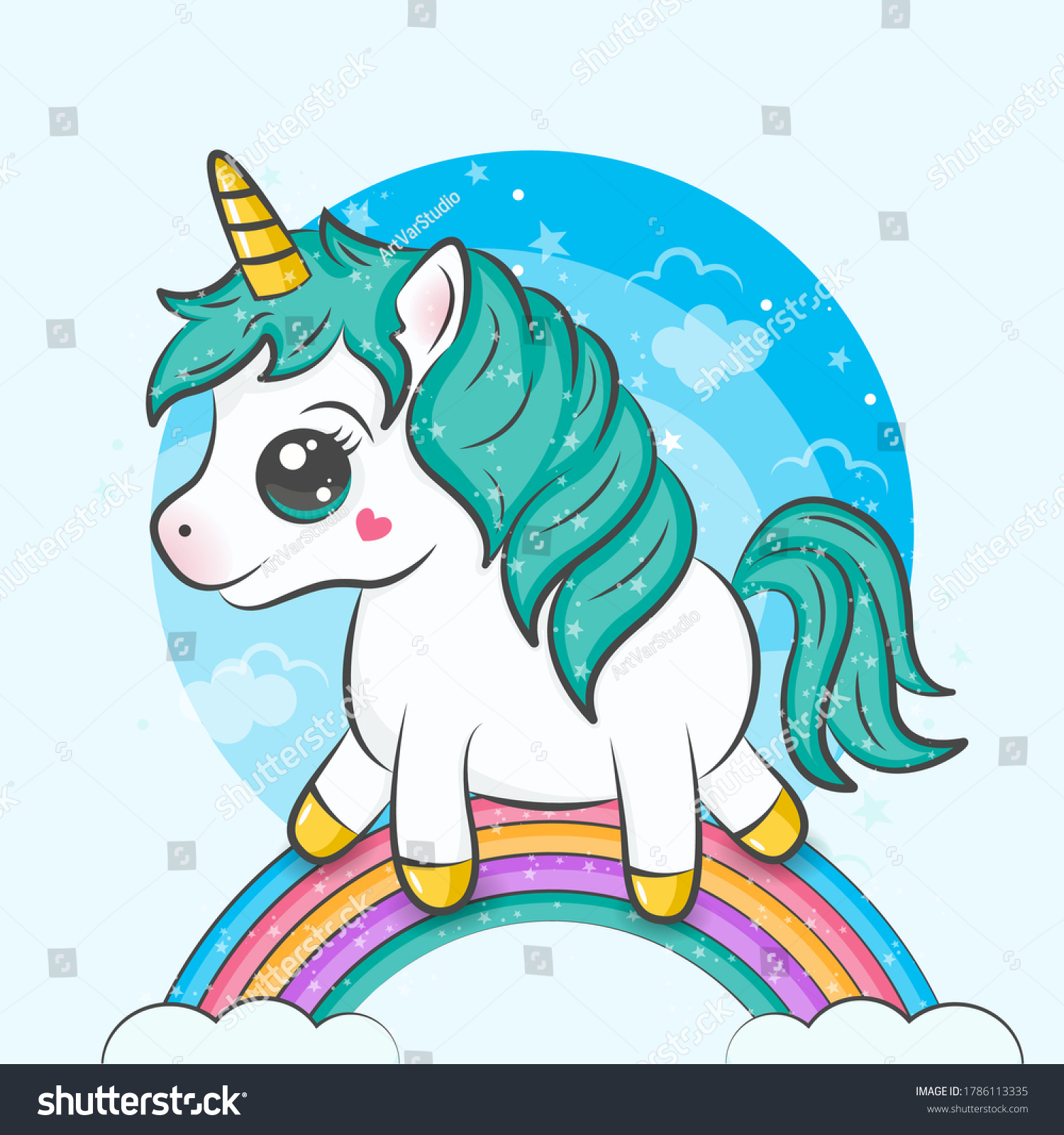 Cute Pretty Unicorn Walking On Rainbow Stock Vector (Royalty Free ...