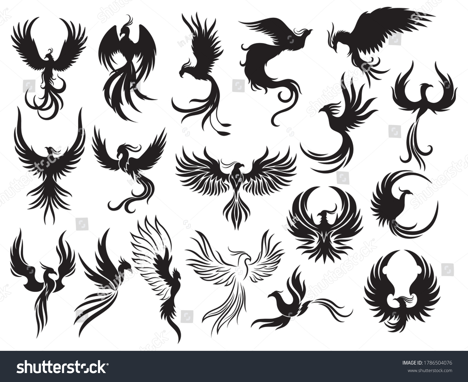 Set Phoenix Bird Silhouettes Collection Firebirds Stock Vector Royalty Free 1786504076