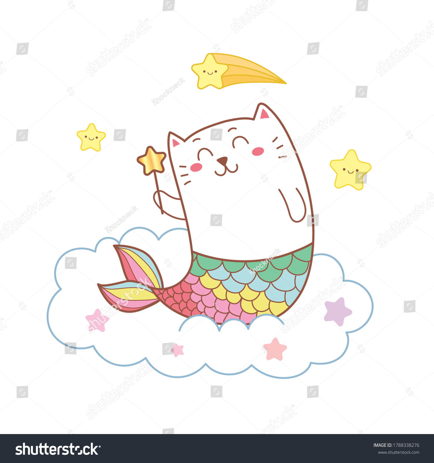 Cute Cat Mermaid On Cloud Stars Stock Vector (Royalty Free) 1788338276 ...