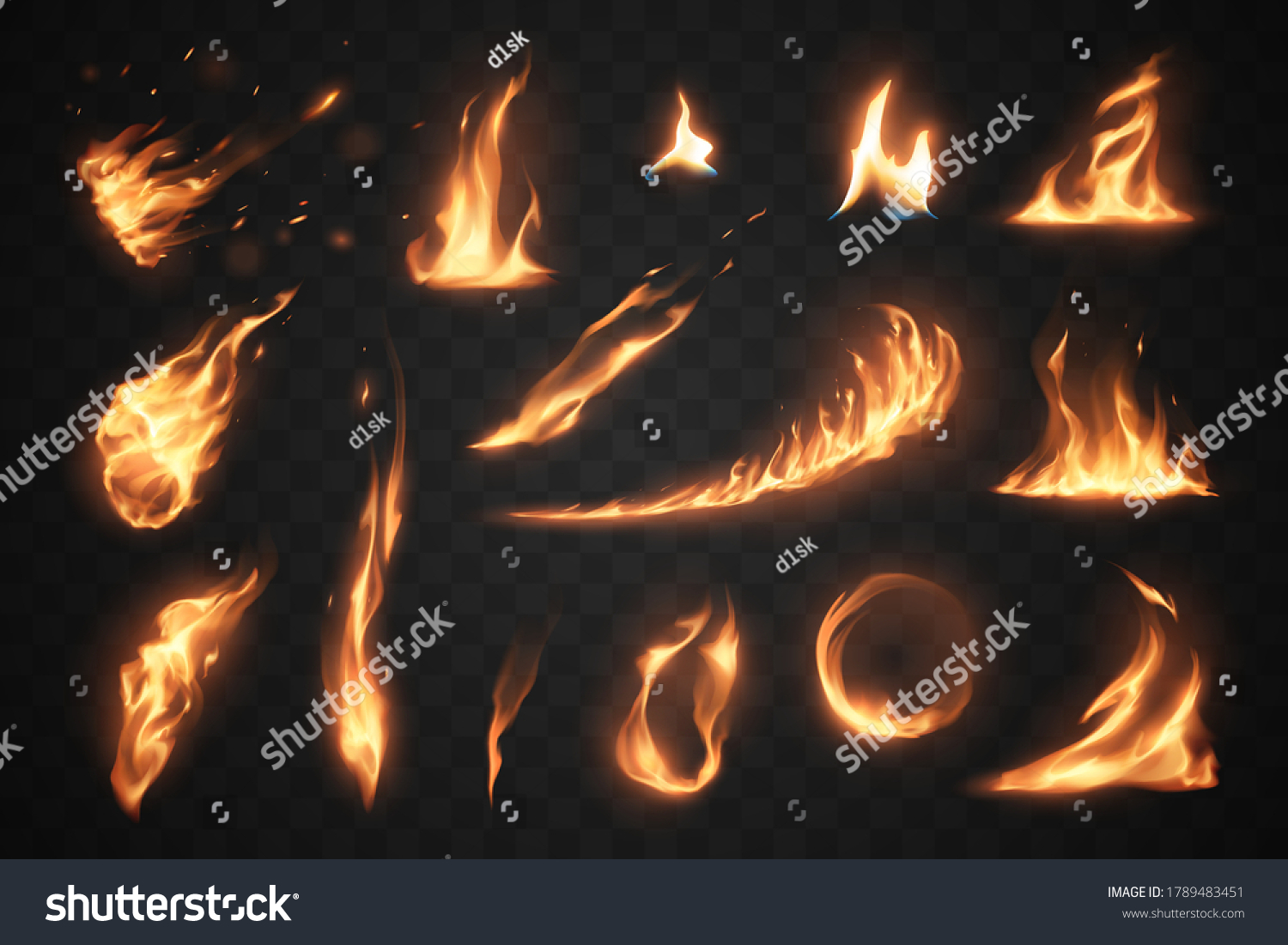 Set Fire Flames Elements On Transparent Stock Vector Royalty Free Shutterstock