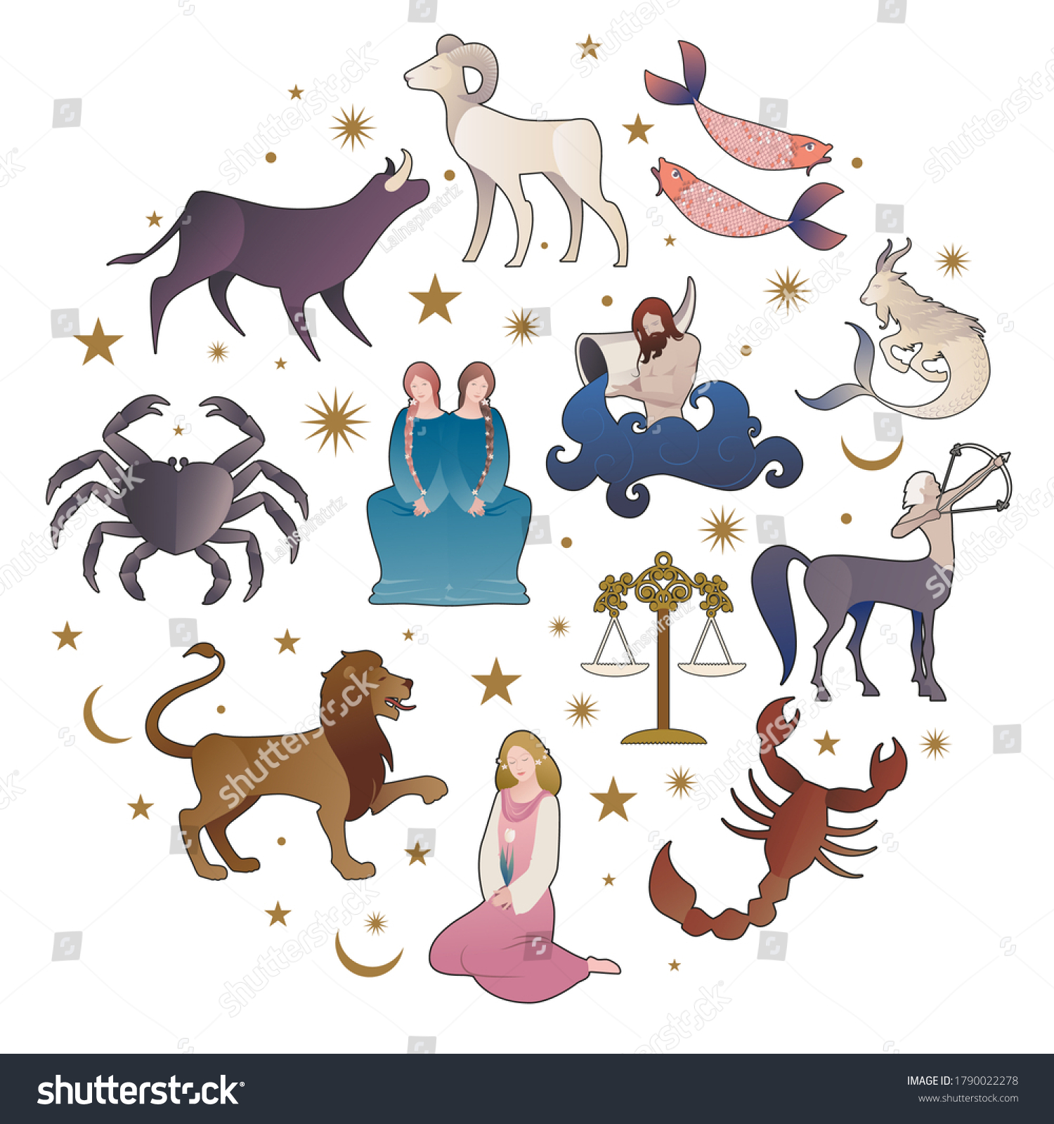 Illustrations Zodiac Signs Collections Medieval Style Stock ...