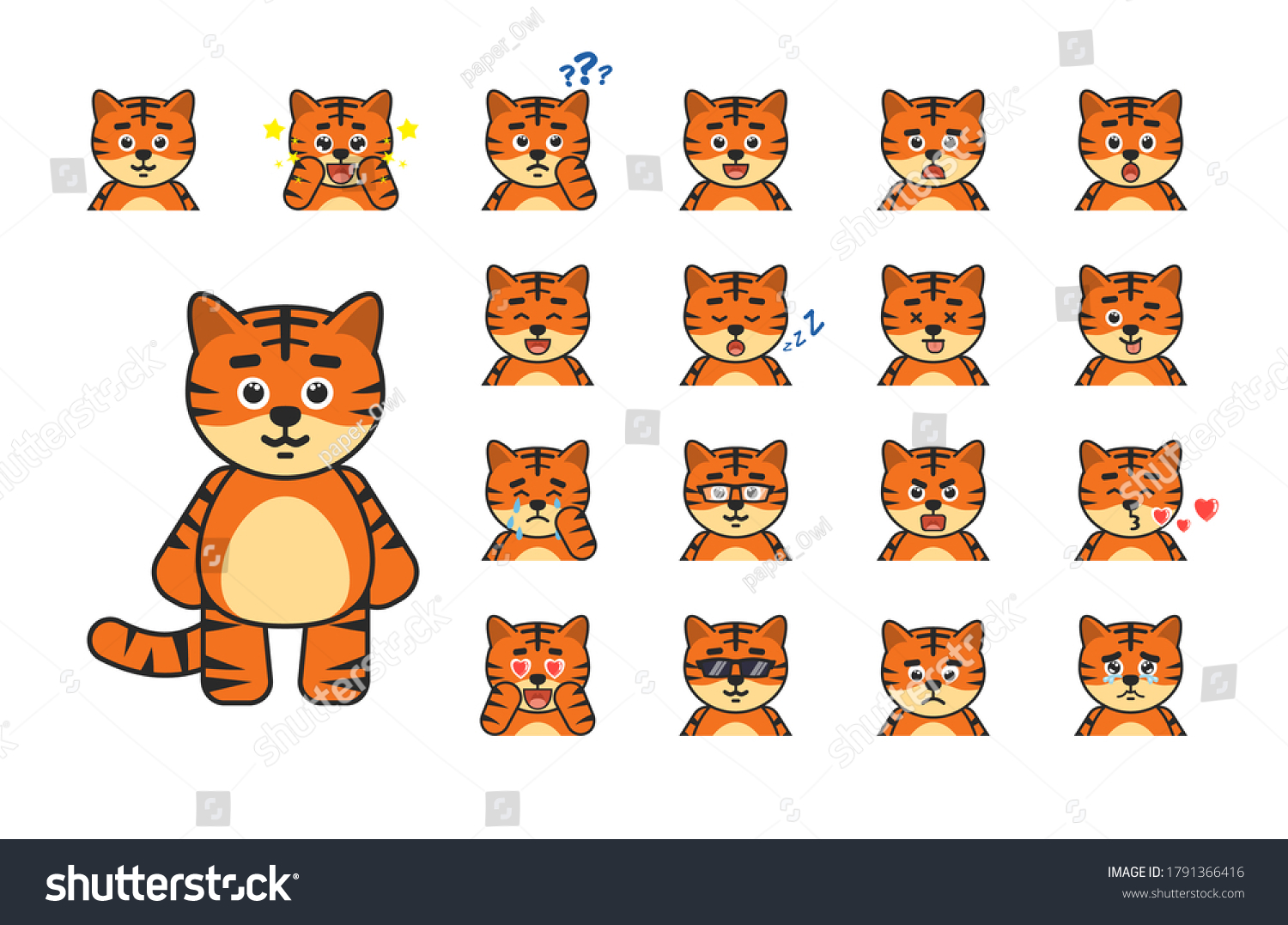 Set Cute Tiger Avatars Emojis Chibi Stock Vector (Royalty Free ...