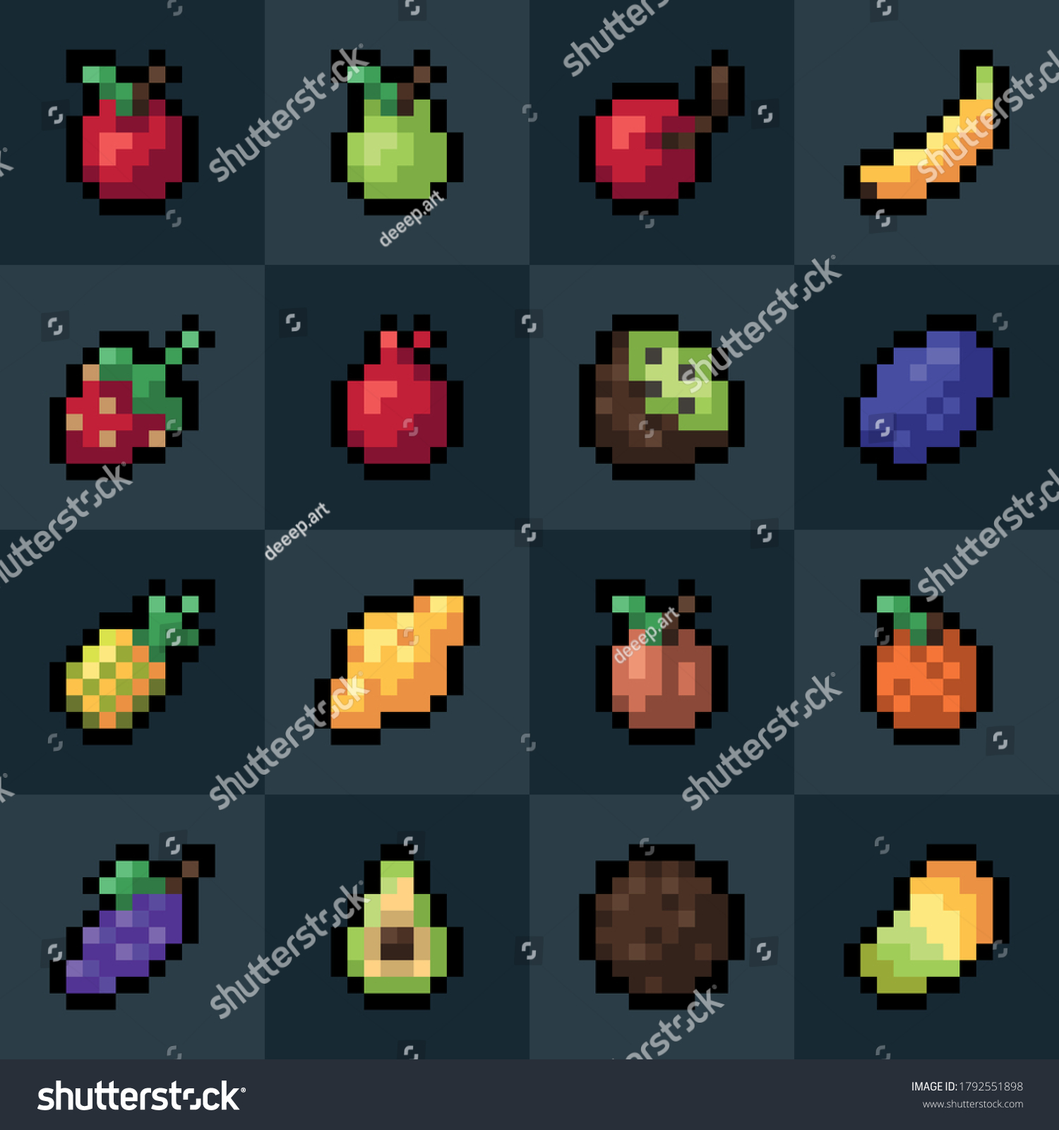 Fruits Pixel Art Icons Set Isolated Stock Vector (Royalty Free