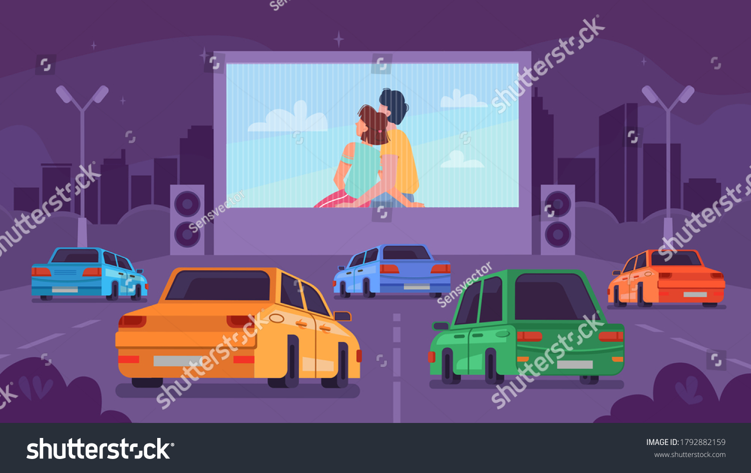 Car Cinema Drive Movie Theater Romantic Stock Vector (Royalty Free ...