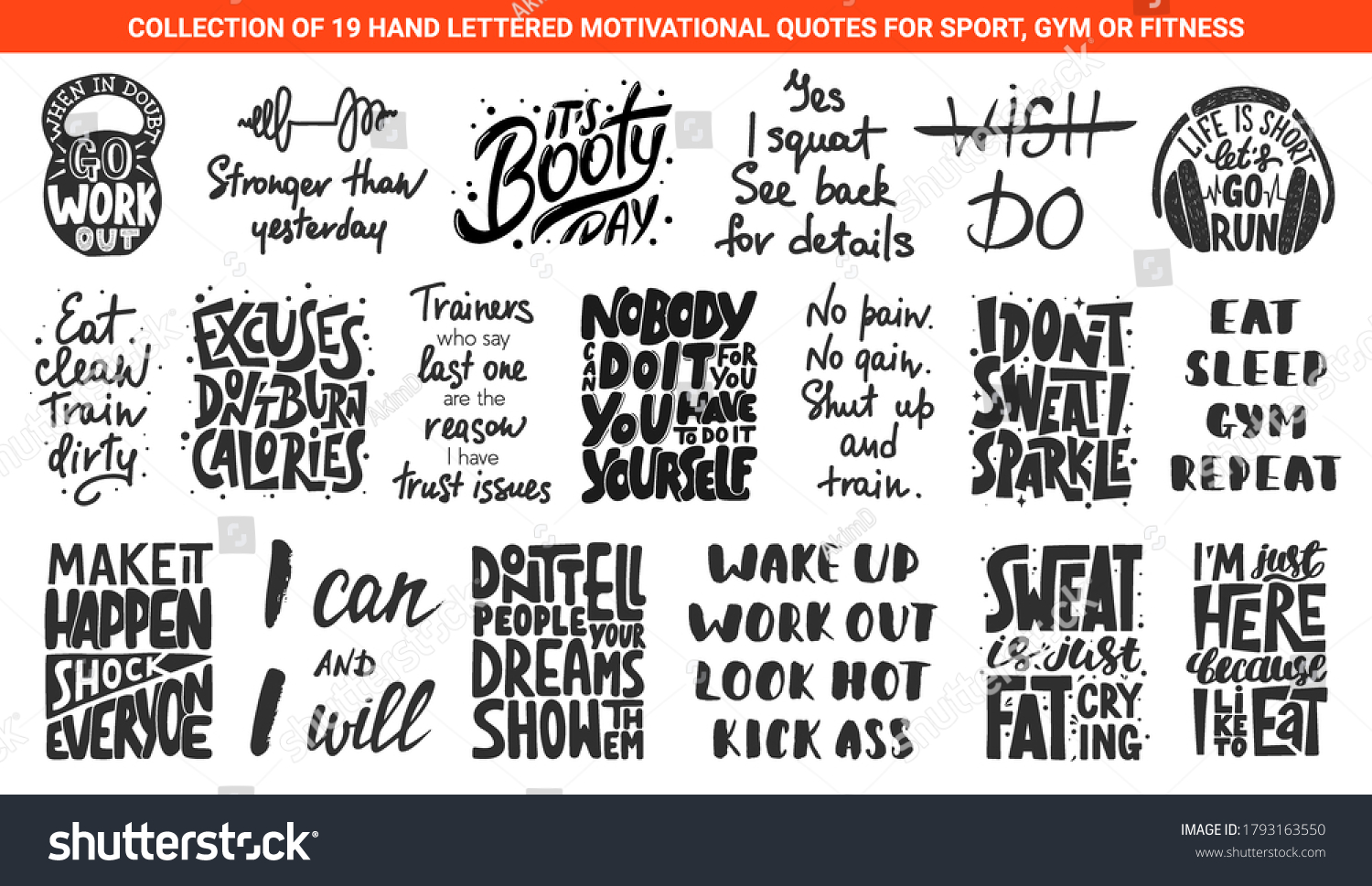 Set 19 Motivational Inspirational Lettering Gym Stock Illustration ...