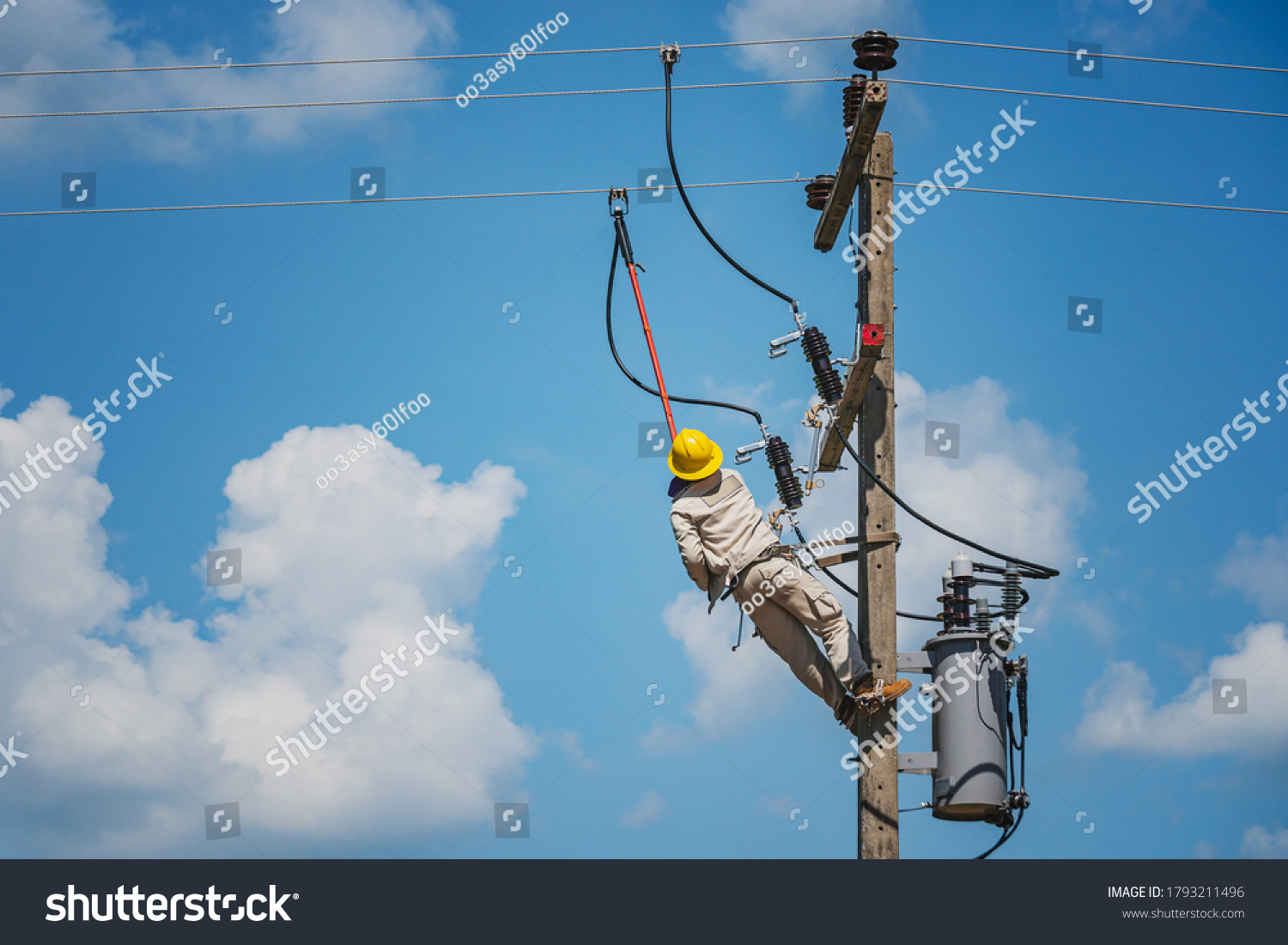 Lineman Climb Concrete Pole Use Clamp Stock Photo 1793211496 