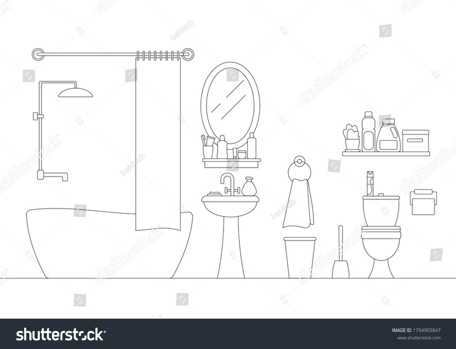 Cozy Bathroom Linear Interior Scene Furniture Stock Vector (Royalty ...