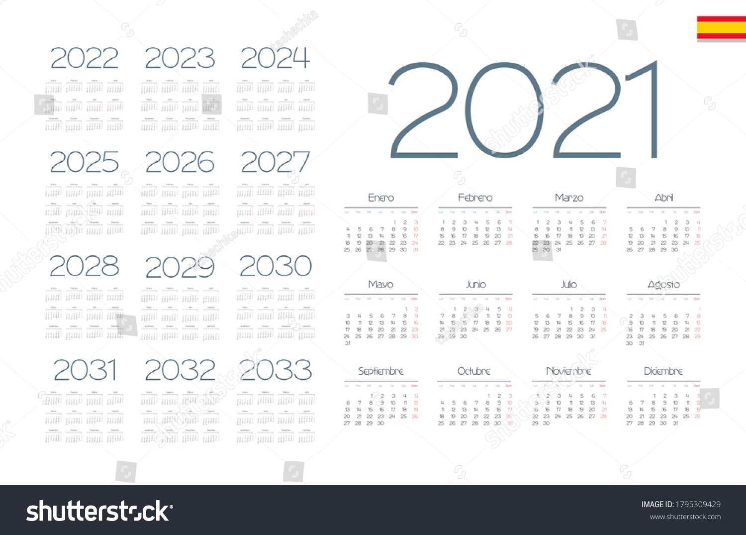 Spanish Calendar 2021 2033 On White Stock Vector (Royalty Free ...