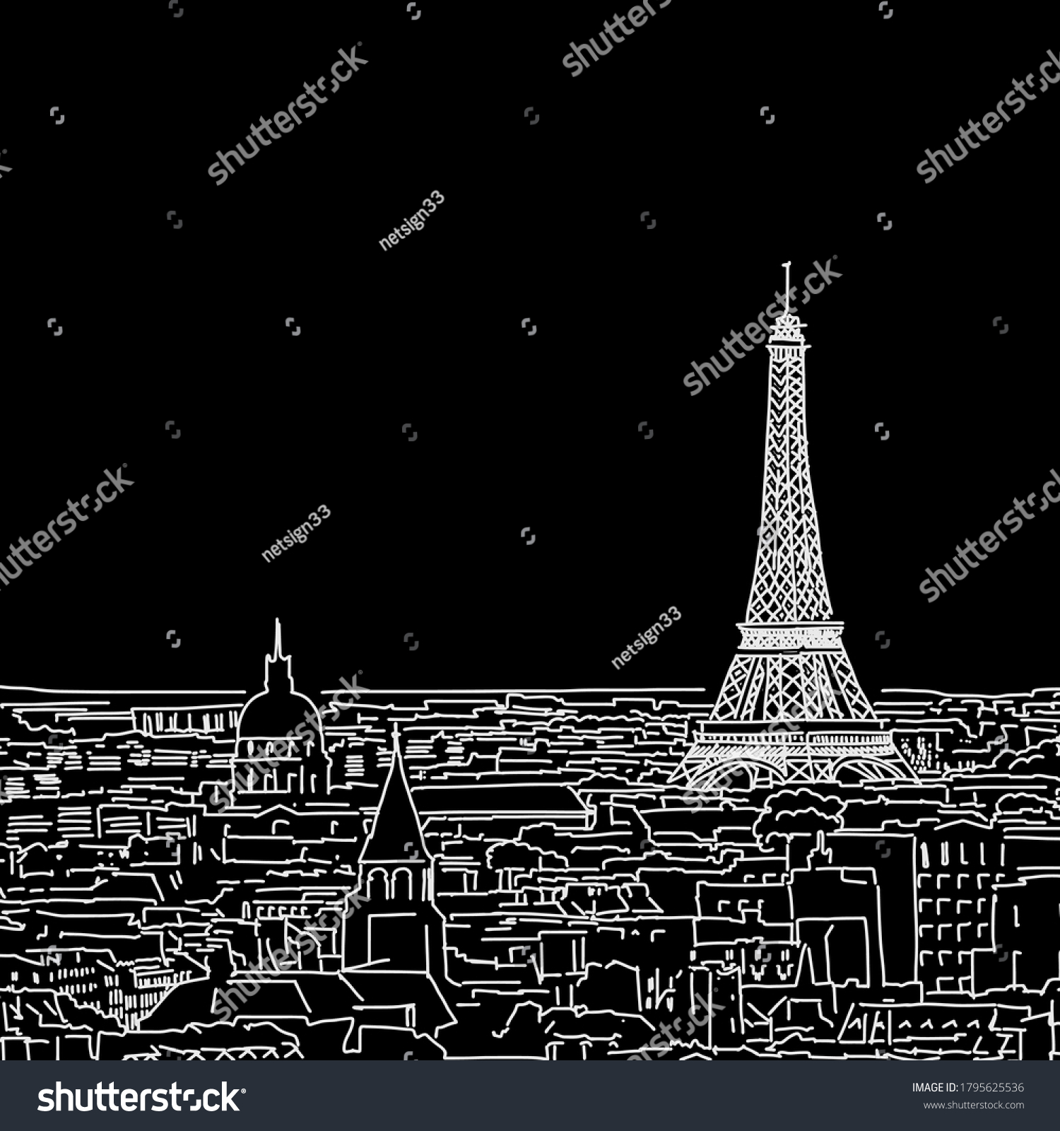 Paris Skyline Drawing Black White Hand Stock Vector (Royalty Free ...