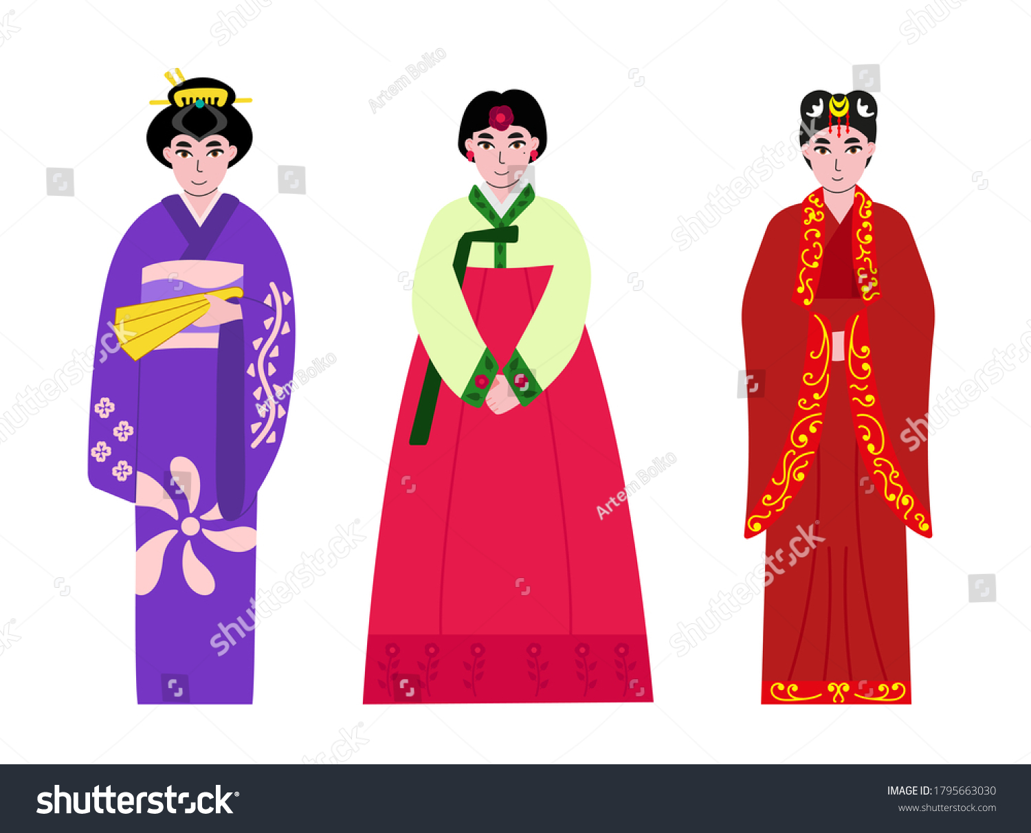 Chinese Korean Japanese Women National Dress Stock Vector (Royalty Free ...