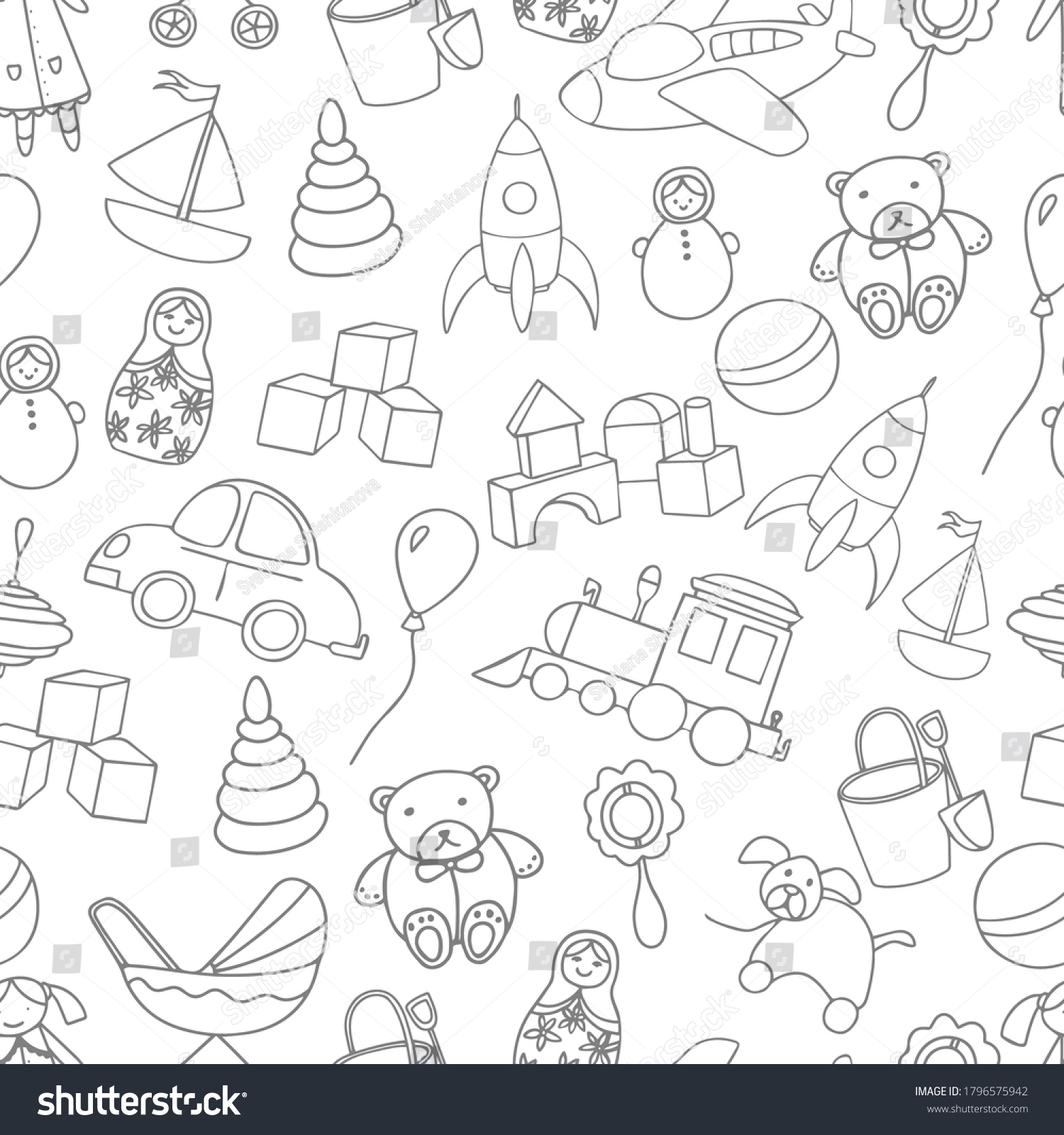 Cute Toys Seamless Pattern Outline Elements Stock Vector (Royalty Free ...